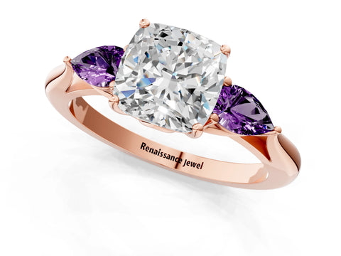Rose gold Cushion Cut Diamond Three-Stone Ring with Pear with Amethyst side stone Side Stones and Prong Setting_1