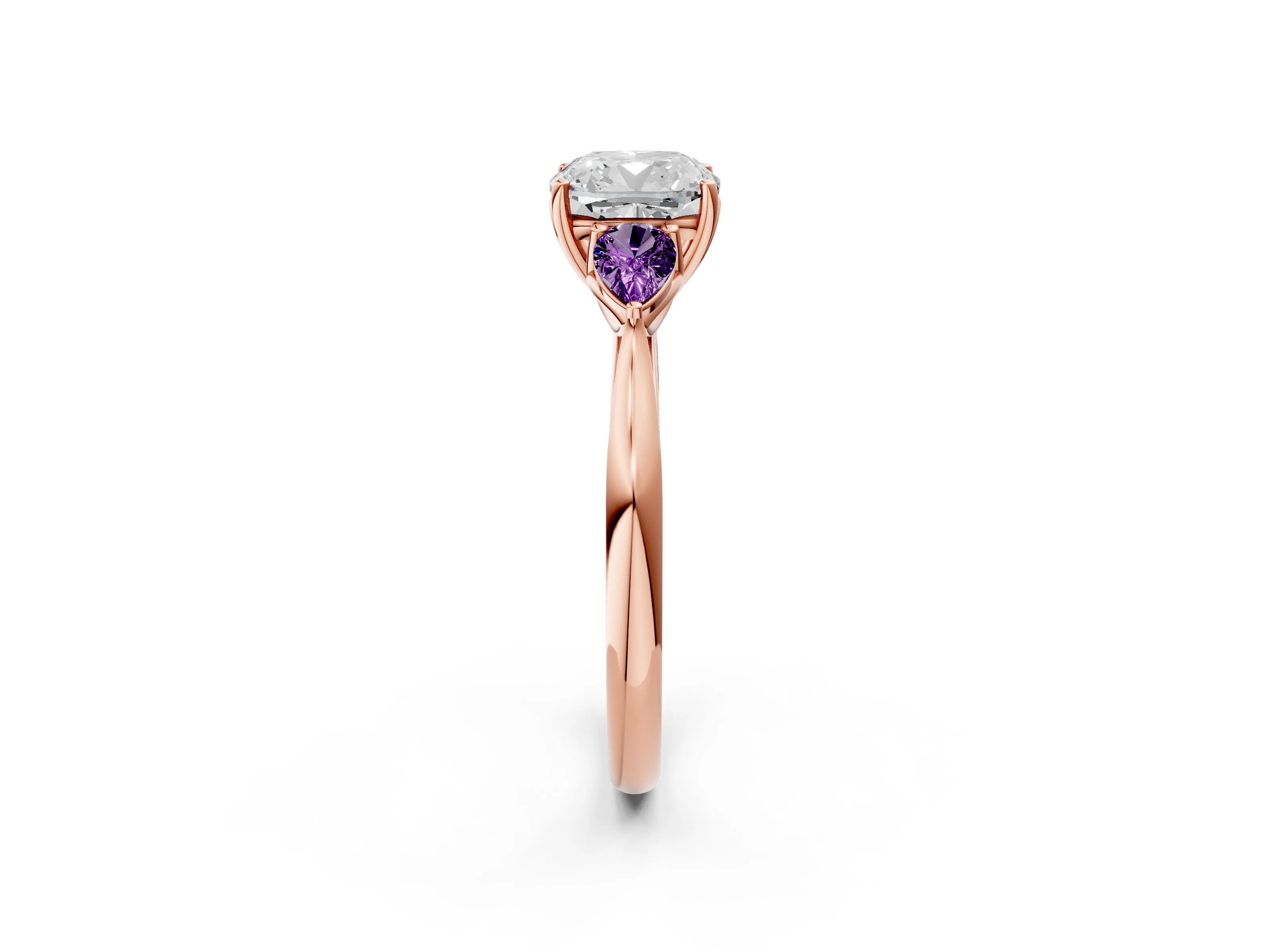 Rose gold Cushion Cut Diamond Three-Stone Ring with Pear with Amethyst side stone Side Stones and Prong Setting_2
