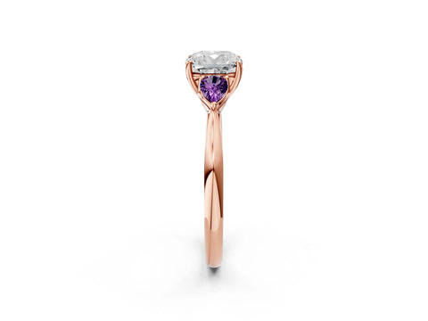 Rose gold Cushion Cut Diamond Three-Stone Ring with Pear with Amethyst side stone Side Stones and Prong Setting_2