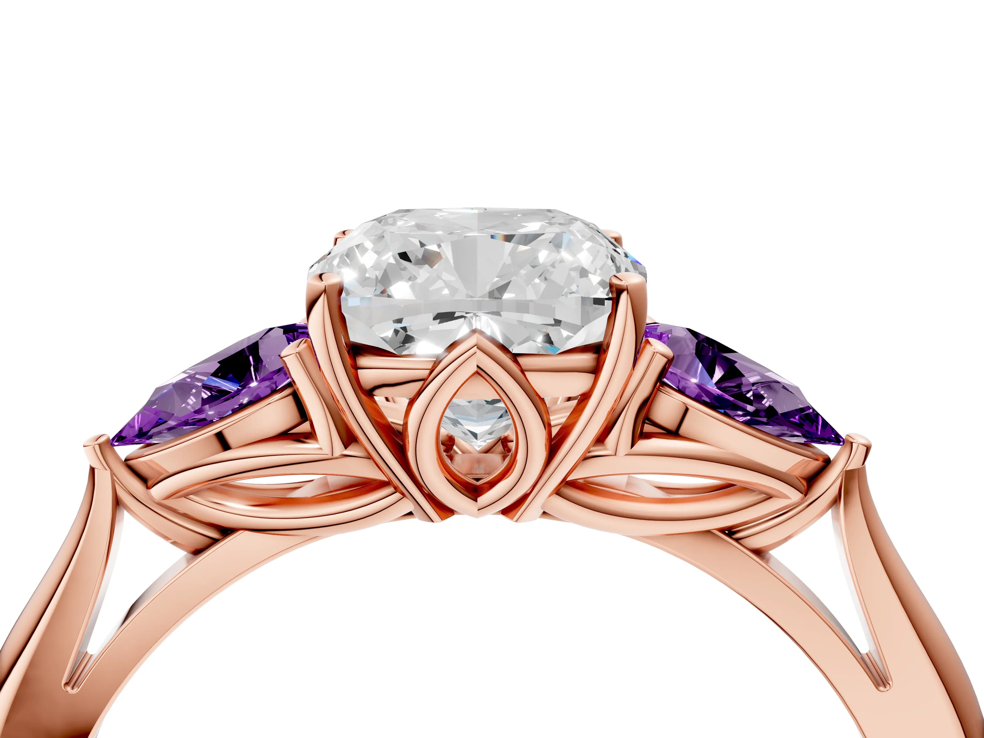 Rose gold Cushion Cut Diamond Three-Stone Ring with Pear with Amethyst side stone Side Stones and Prong Setting_4