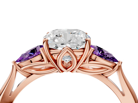 Rose gold Cushion Cut Diamond Three-Stone Ring with Pear with Amethyst side stone Side Stones and Prong Setting_4