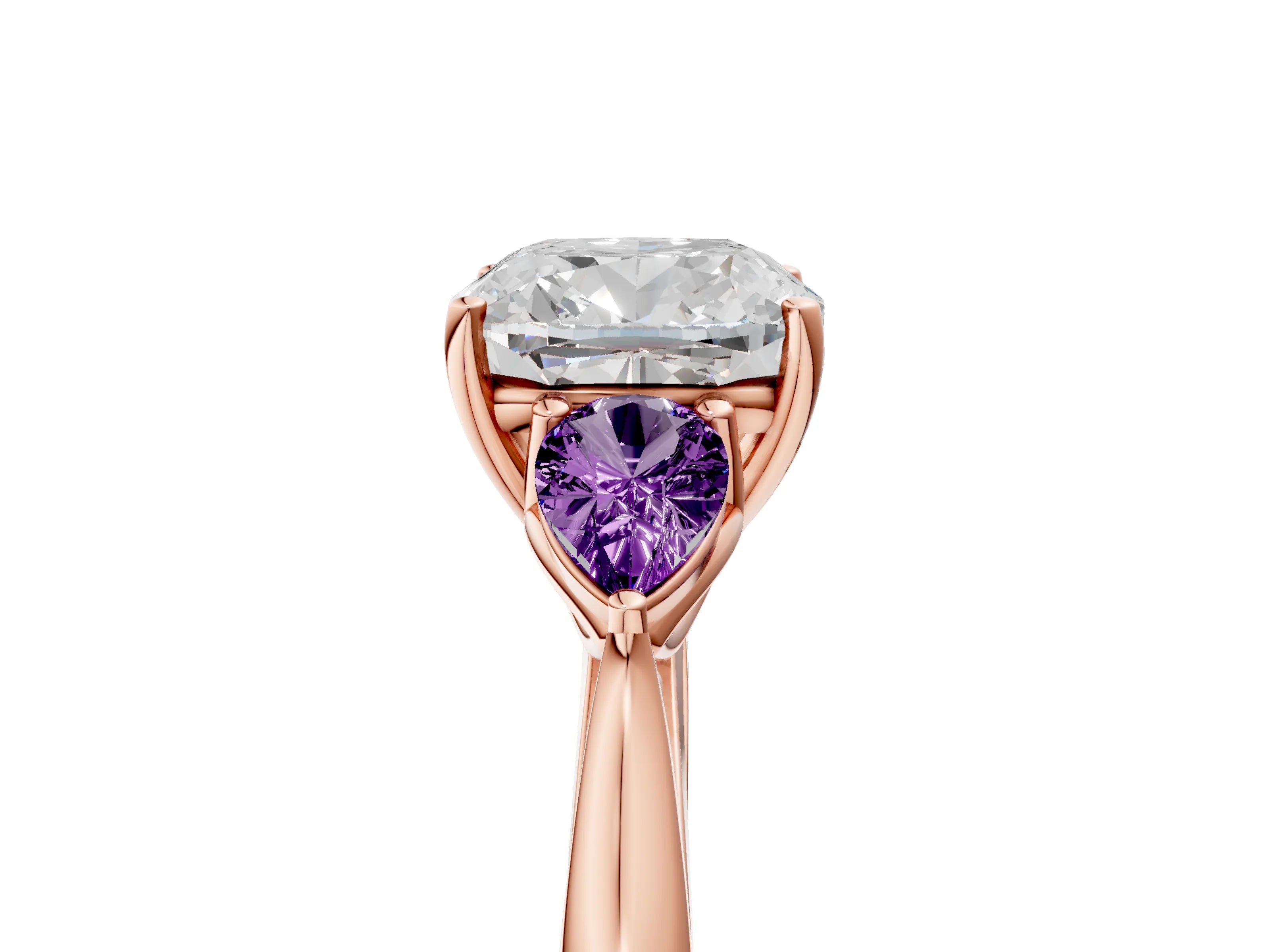 Rose gold Cushion Cut Diamond Three-Stone Ring with Pear with Amethyst side stone Side Stones and Prong Setting_5