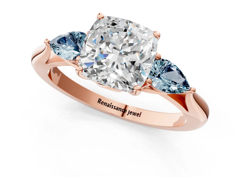 Rose gold Cushion Cut Diamond Three-Stone Ring with Pear with Aquamarine side stone Side Stones and Prong Setting_1