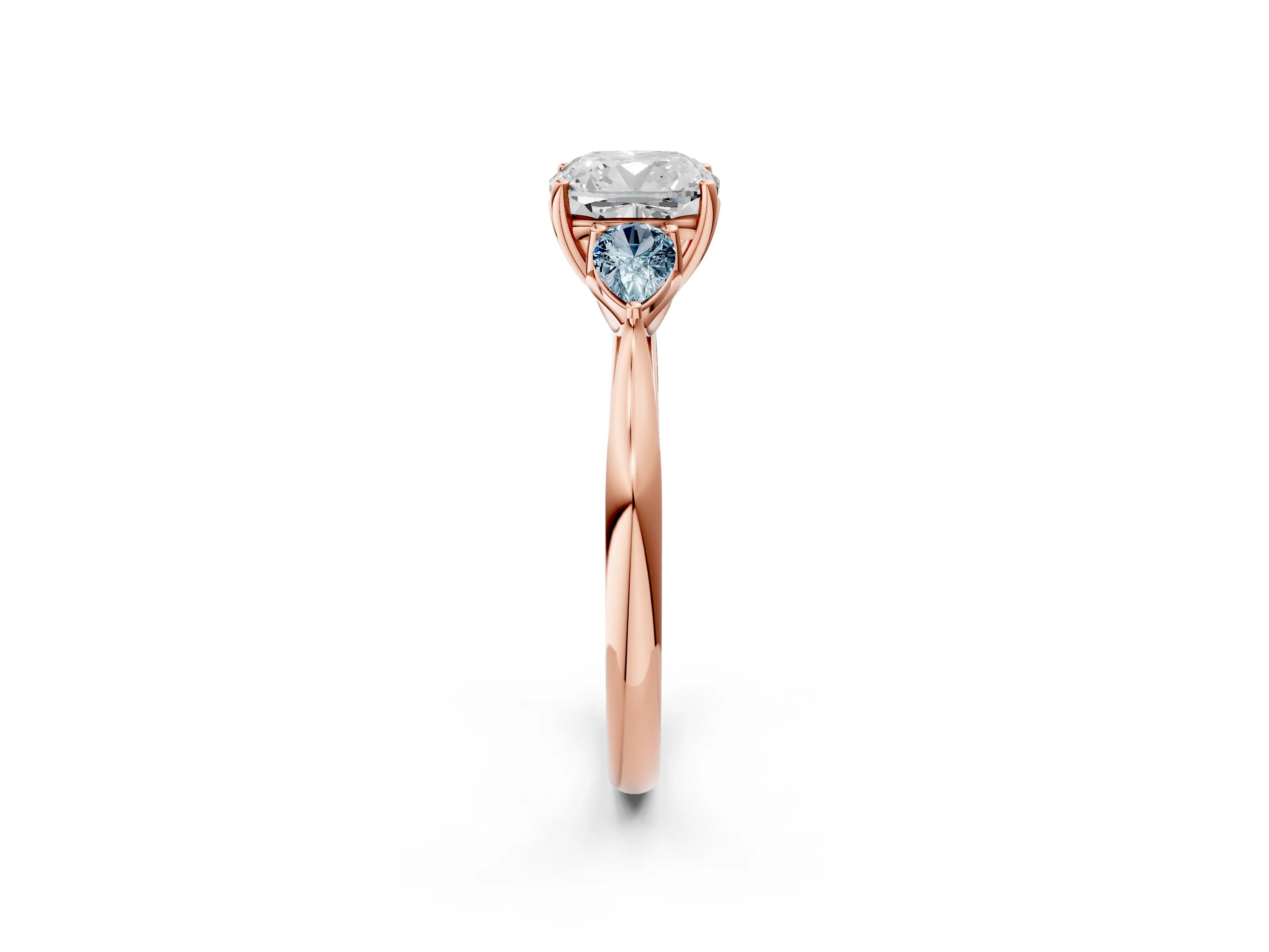 Rose gold Cushion Cut Diamond Three-Stone Ring with Pear with Aquamarine side stone Side Stones and Prong Setting_2