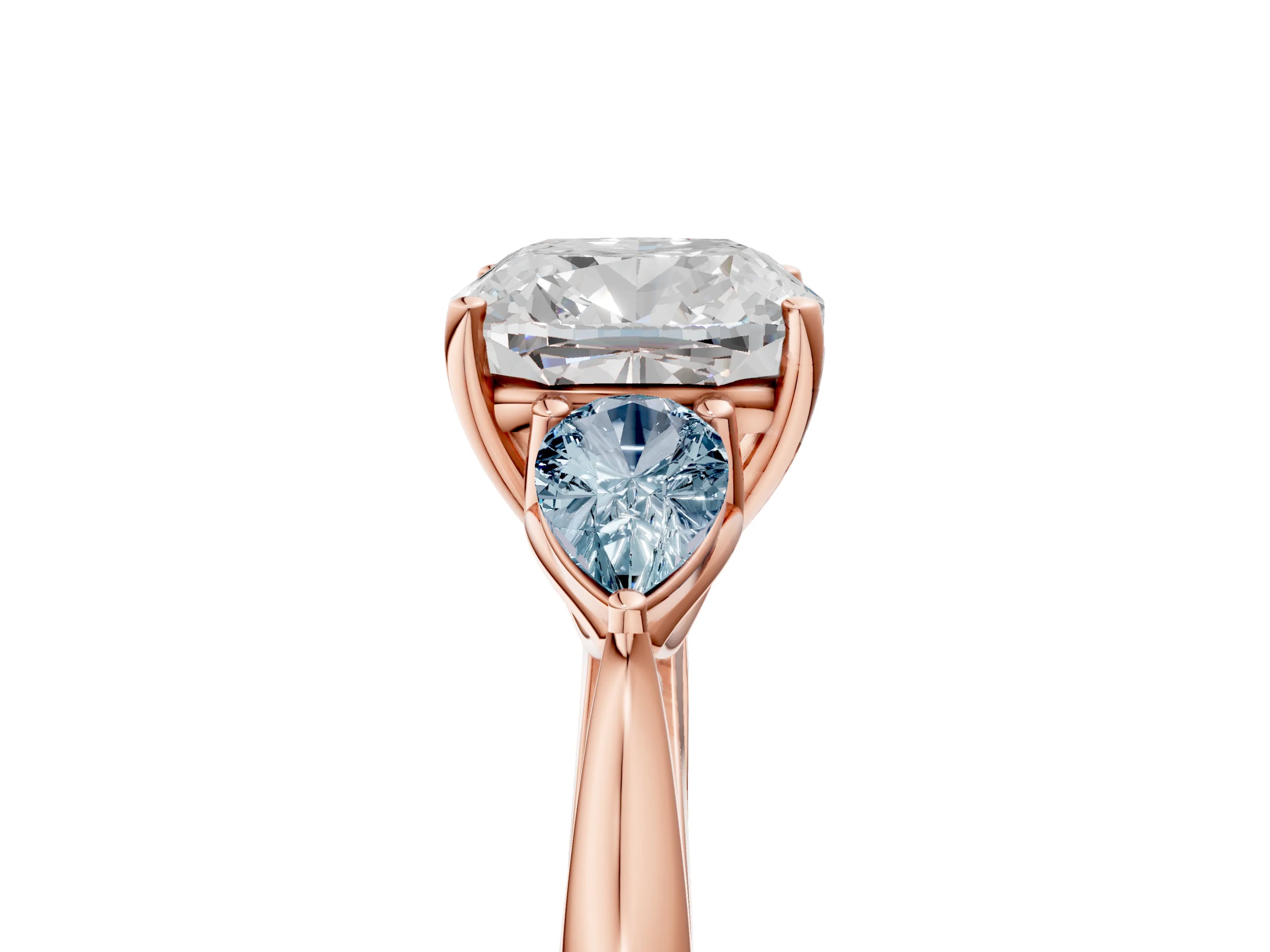 Rose gold Cushion Cut Diamond Three-Stone Ring with Pear with Aquamarine side stone Side Stones and Prong Setting_5