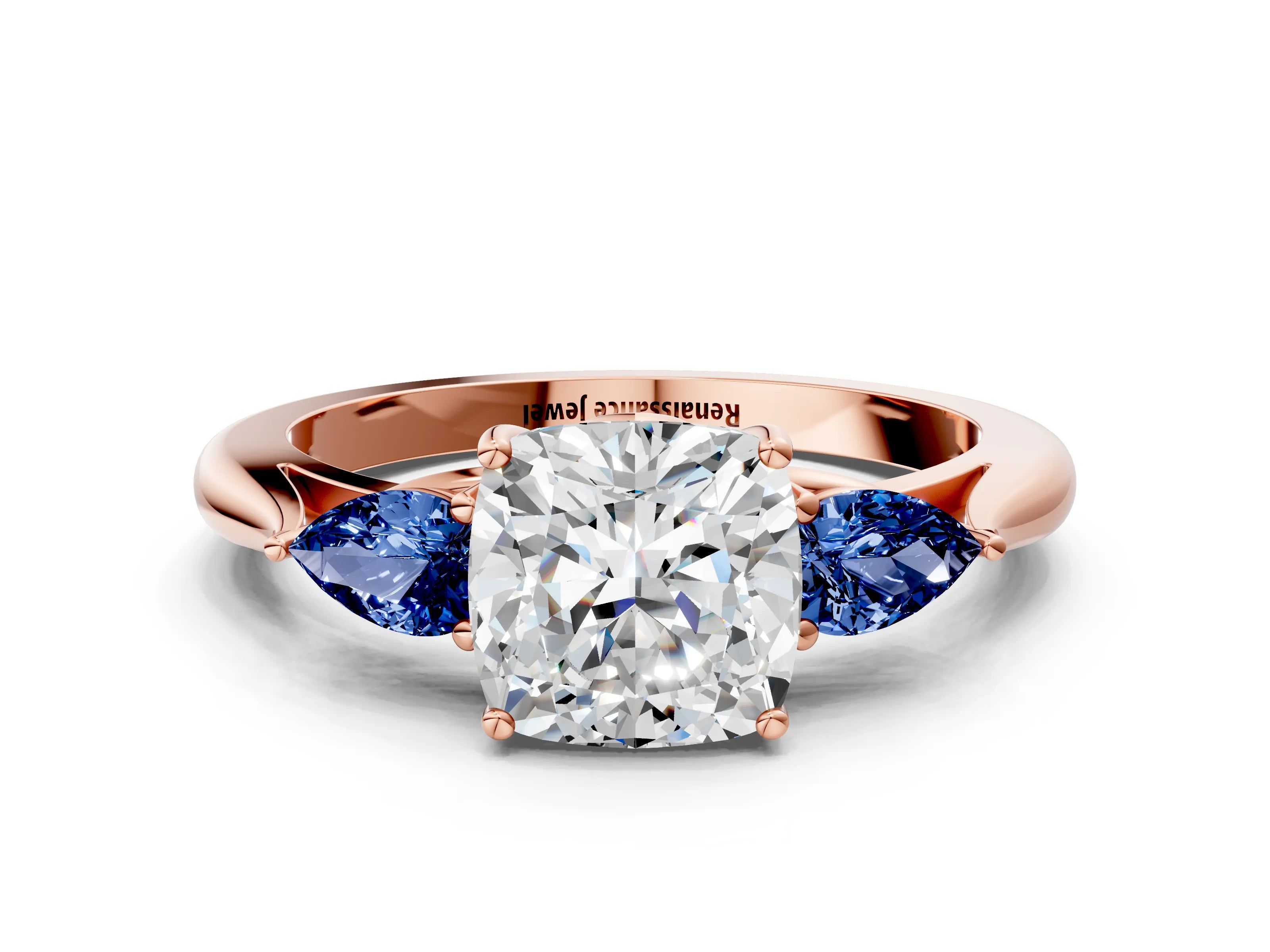 Rose gold Cushion Cut Diamond Three-Stone Ring with Pear with Blue Sapphire side stone Side Stones and Prong Setting