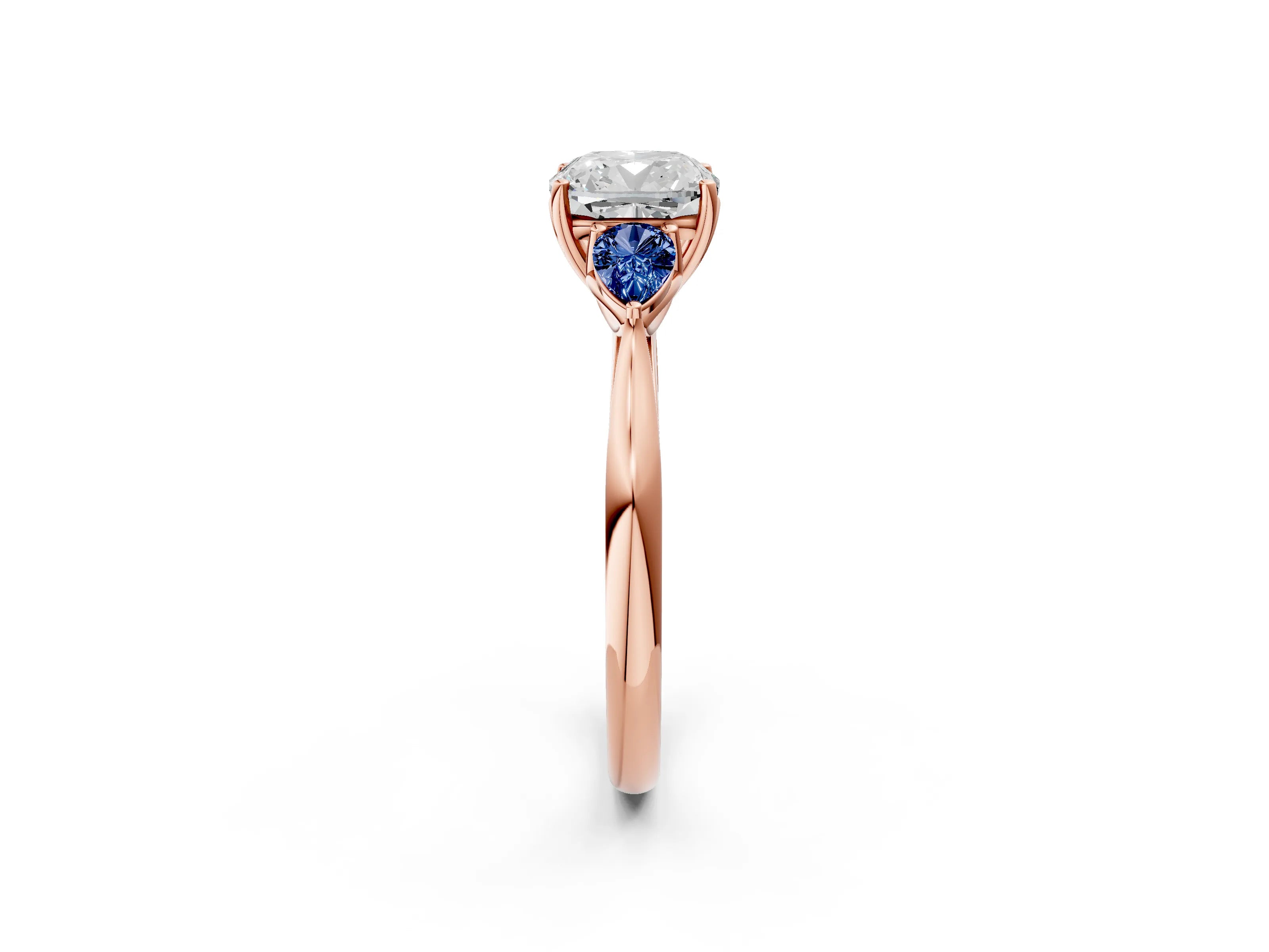 Rose gold Cushion Cut Diamond Three-Stone Ring with Pear with Blue Sapphire side stone Side Stones and Prong Setting_2