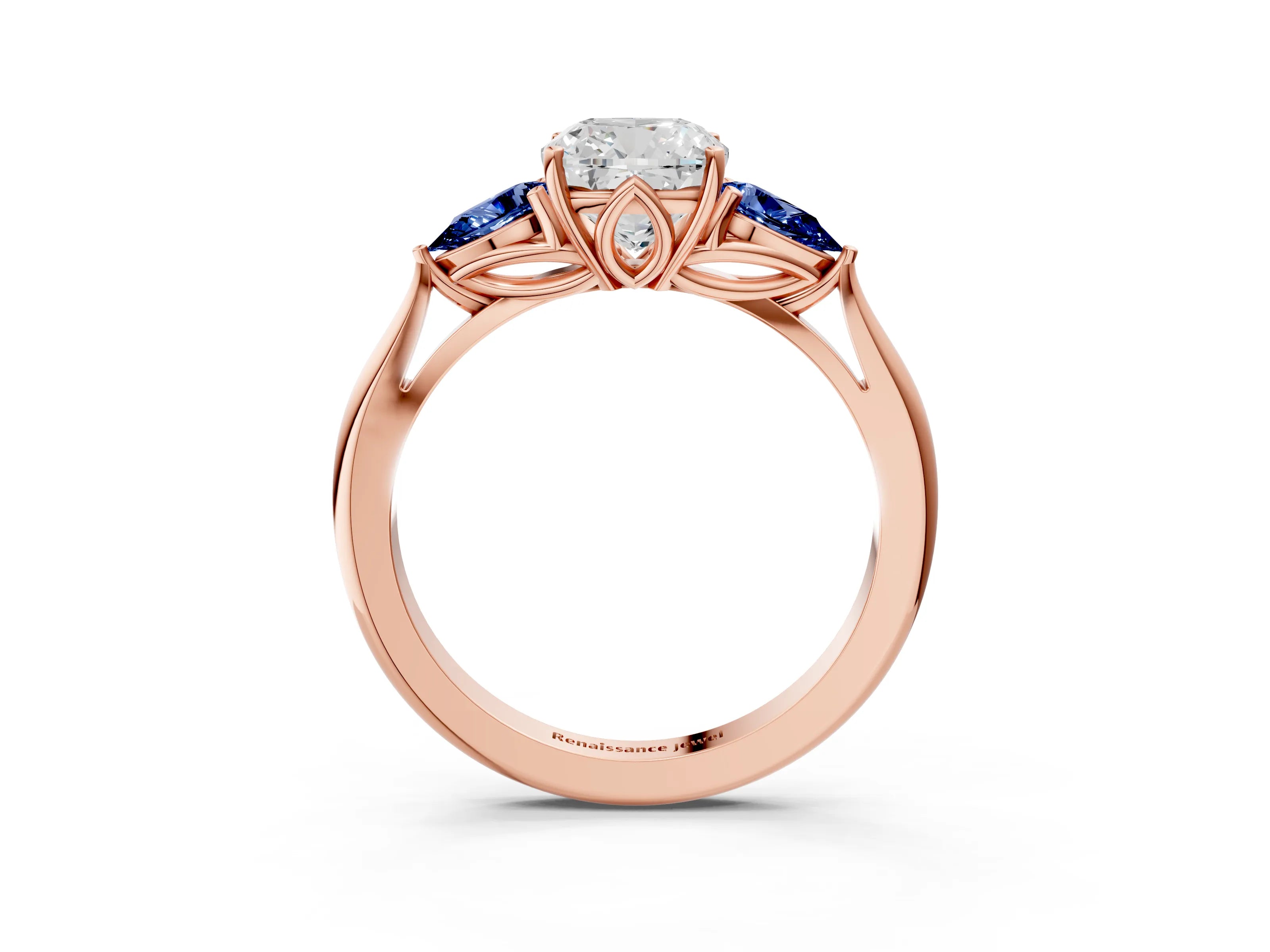 Rose gold Cushion Cut Diamond Three-Stone Ring with Pear with Blue Sapphire side stone Side Stones and Prong Setting_3