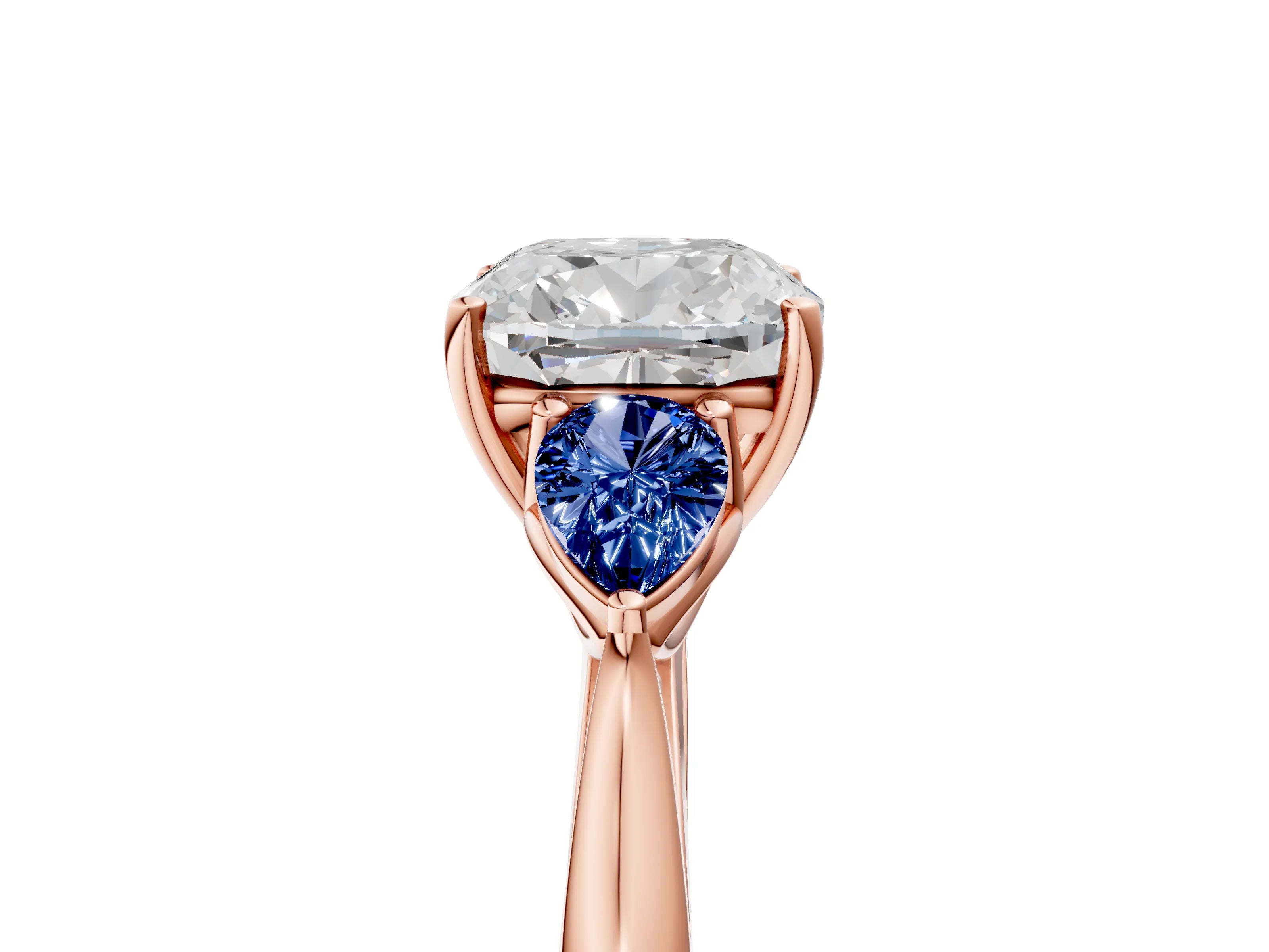 Rose gold Cushion Cut Diamond Three-Stone Ring with Pear with Blue Sapphire side stone Side Stones and Prong Setting_5