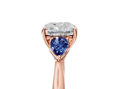Rose gold Cushion Cut Diamond Three-Stone Ring with Pear with Blue Sapphire side stone Side Stones and Prong Setting_5
