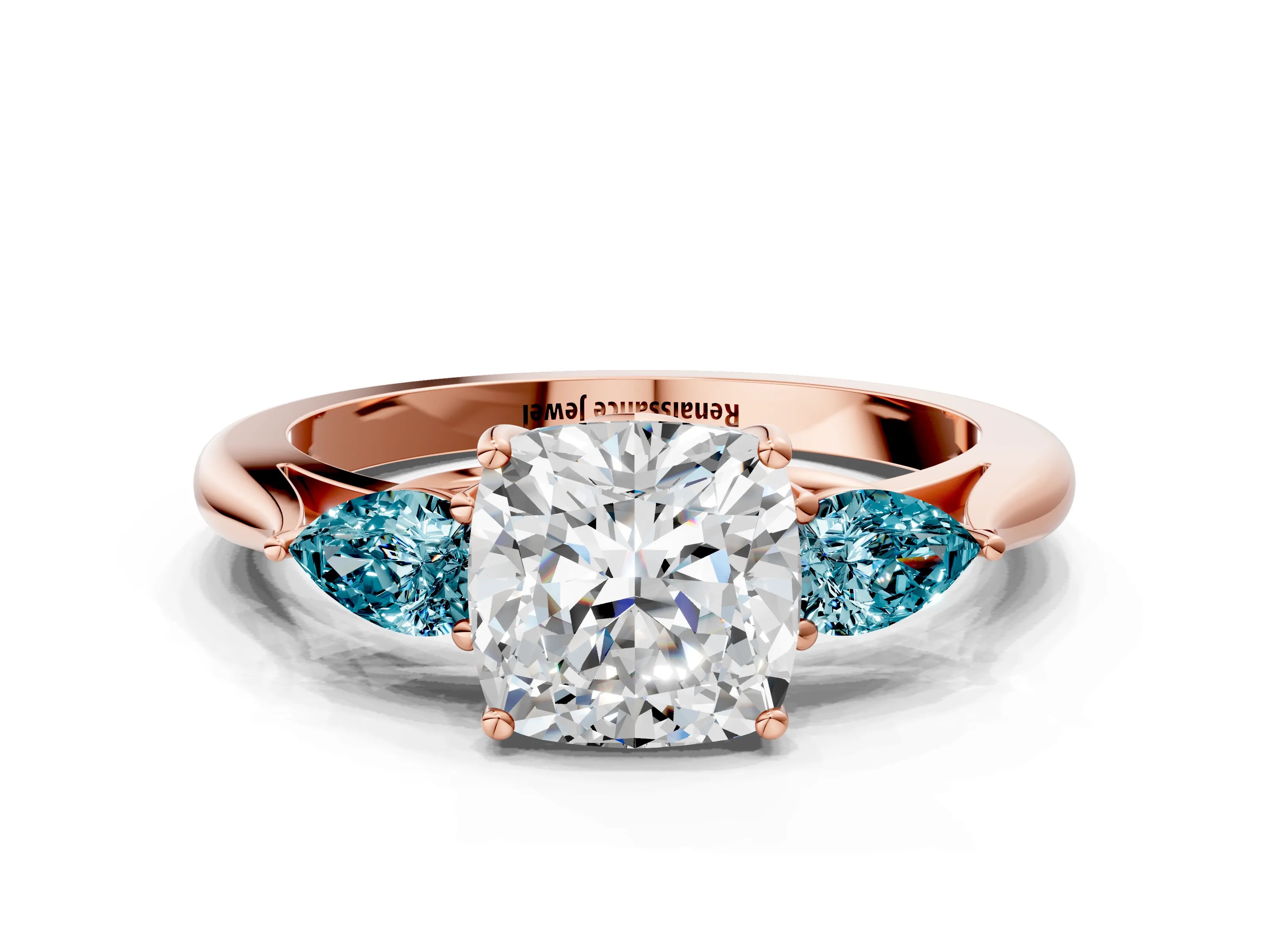 Rose gold Cushion Cut Diamond Three-Stone Ring with Pear with Blue Topaz side stone Side Stones and Prong Setting