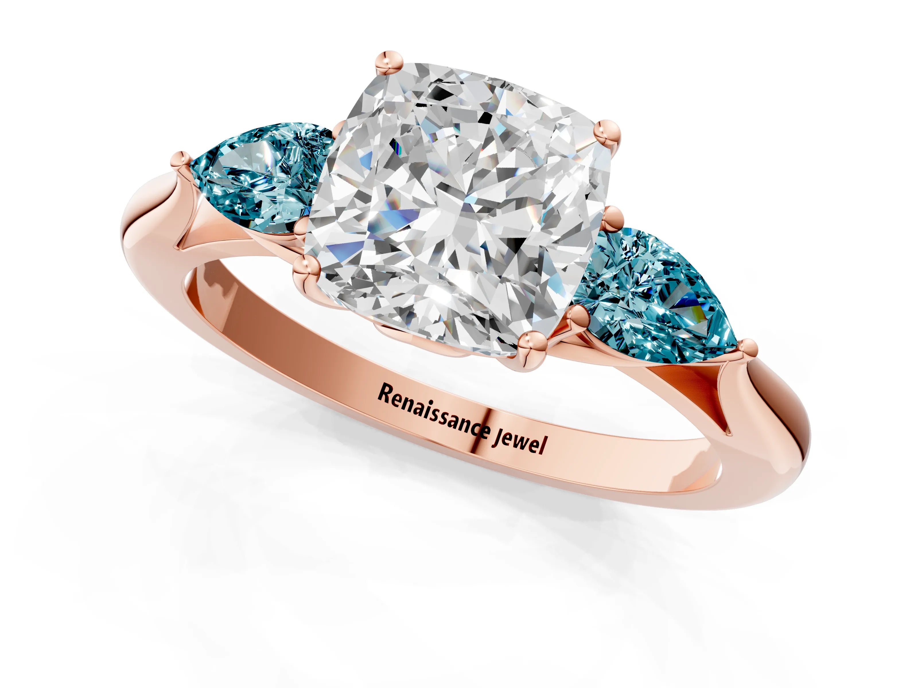 Rose gold Cushion Cut Diamond Three-Stone Ring with Pear with Blue Topaz side stone Side Stones and Prong Setting_1