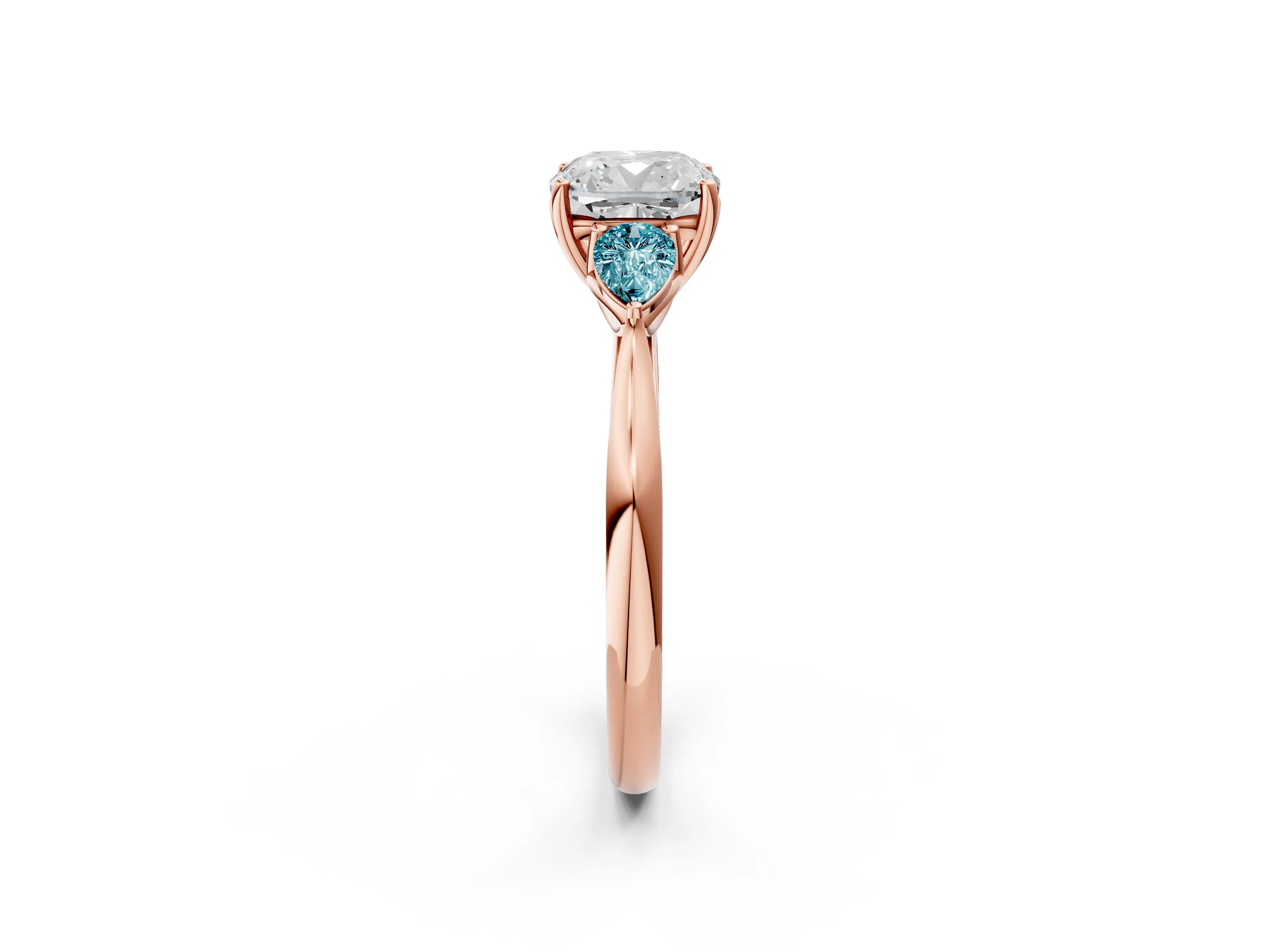 Rose gold Cushion Cut Diamond Three-Stone Ring with Pear with Blue Topaz side stone Side Stones and Prong Setting_2