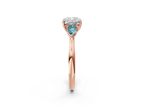 Rose gold Cushion Cut Diamond Three-Stone Ring with Pear with Blue Topaz side stone Side Stones and Prong Setting_2