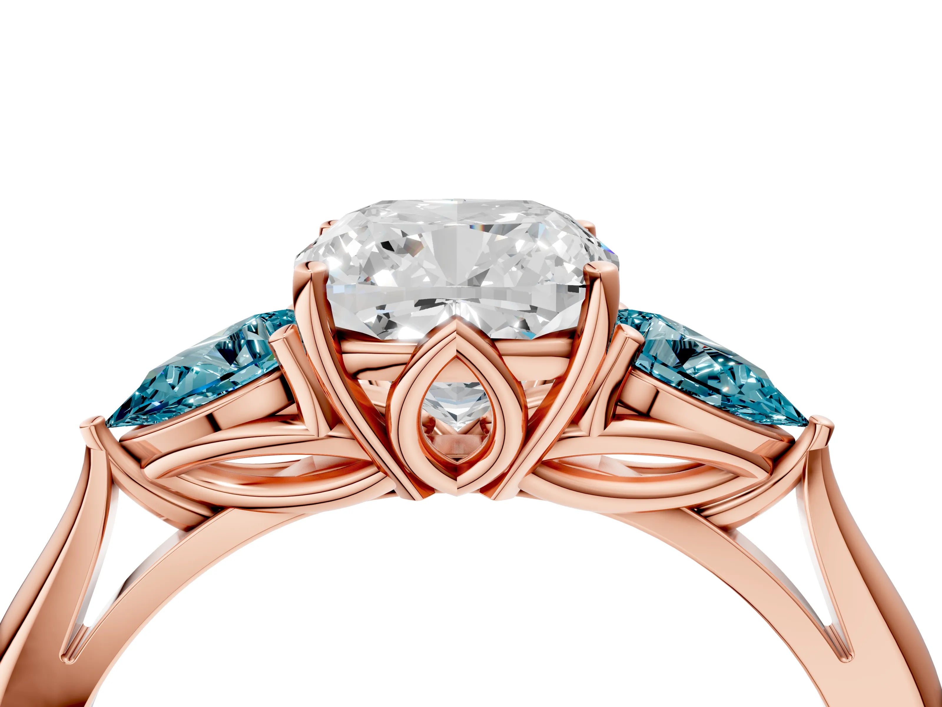 Rose gold Cushion Cut Diamond Three-Stone Ring with Pear with Blue Topaz side stone Side Stones and Prong Setting_4
