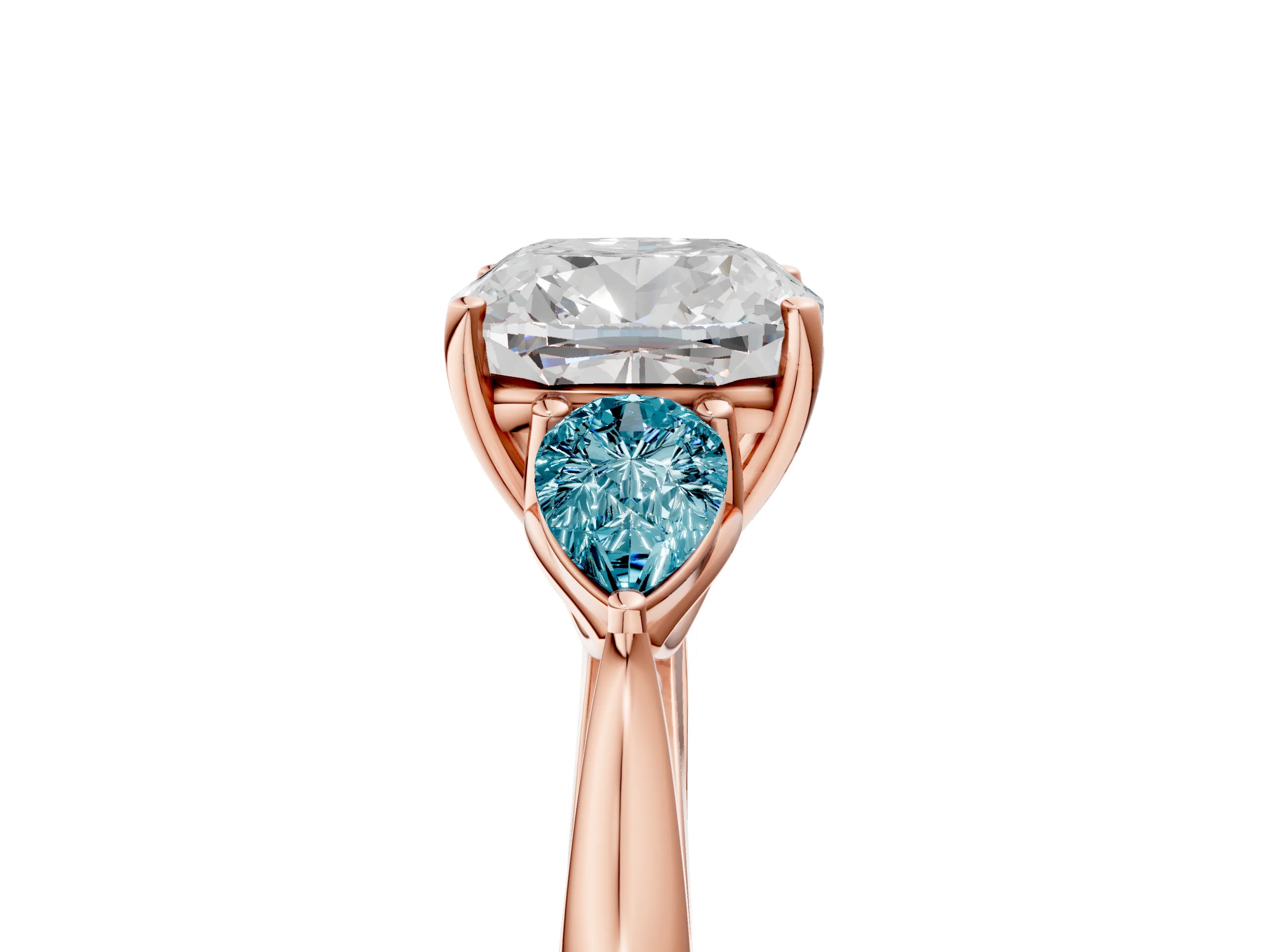Rose gold Cushion Cut Diamond Three-Stone Ring with Pear with Blue Topaz side stone Side Stones and Prong Setting_5