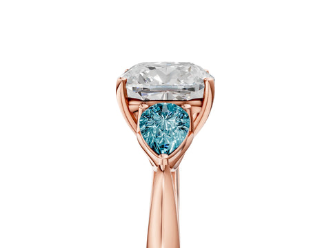 Rose gold Cushion Cut Diamond Three-Stone Ring with Pear with Blue Topaz side stone Side Stones and Prong Setting_5