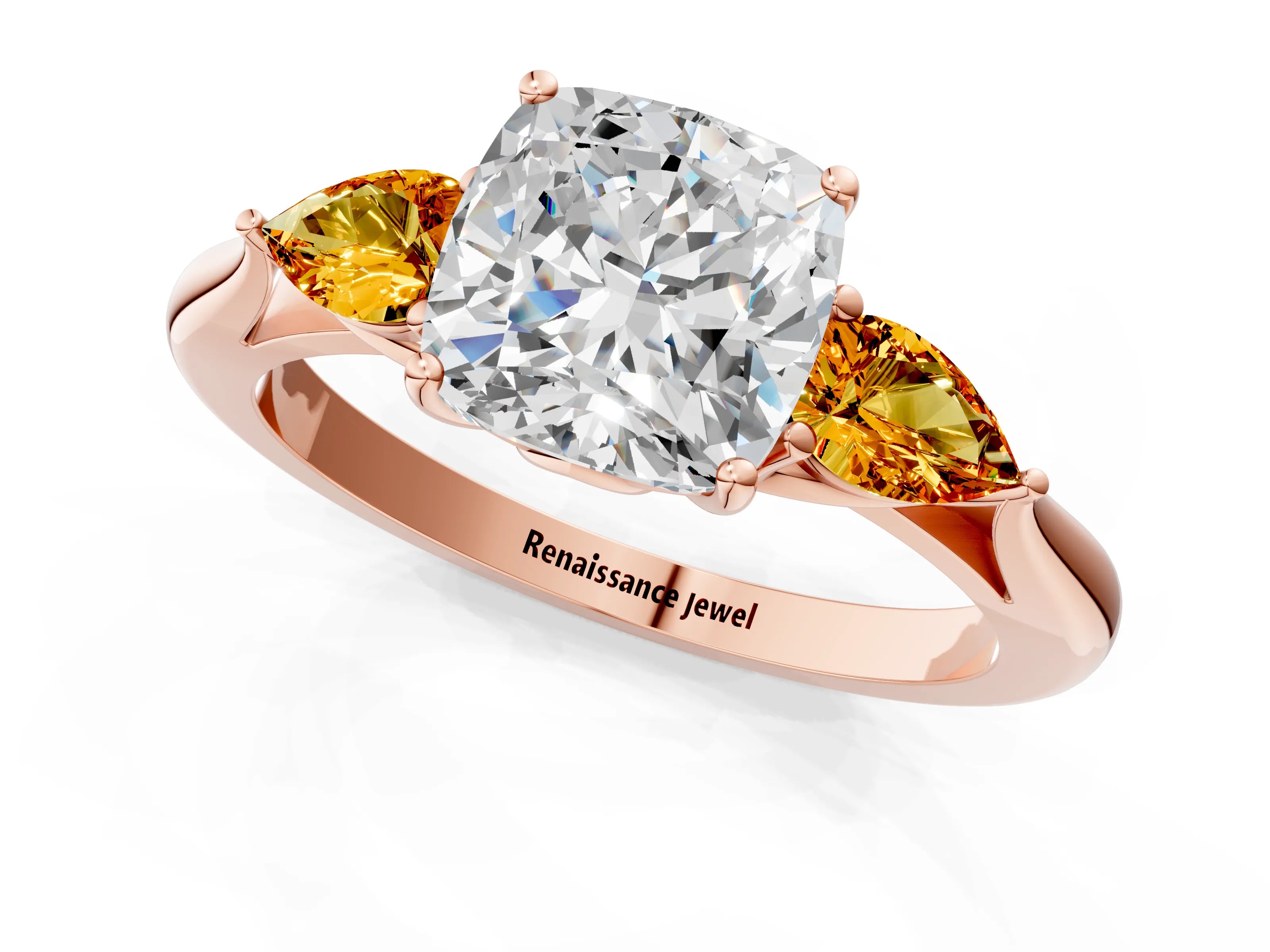 Rose gold Cushion Cut Diamond Three-Stone Ring with Pear with Citrine side stone Side Stones and Prong Setting_1