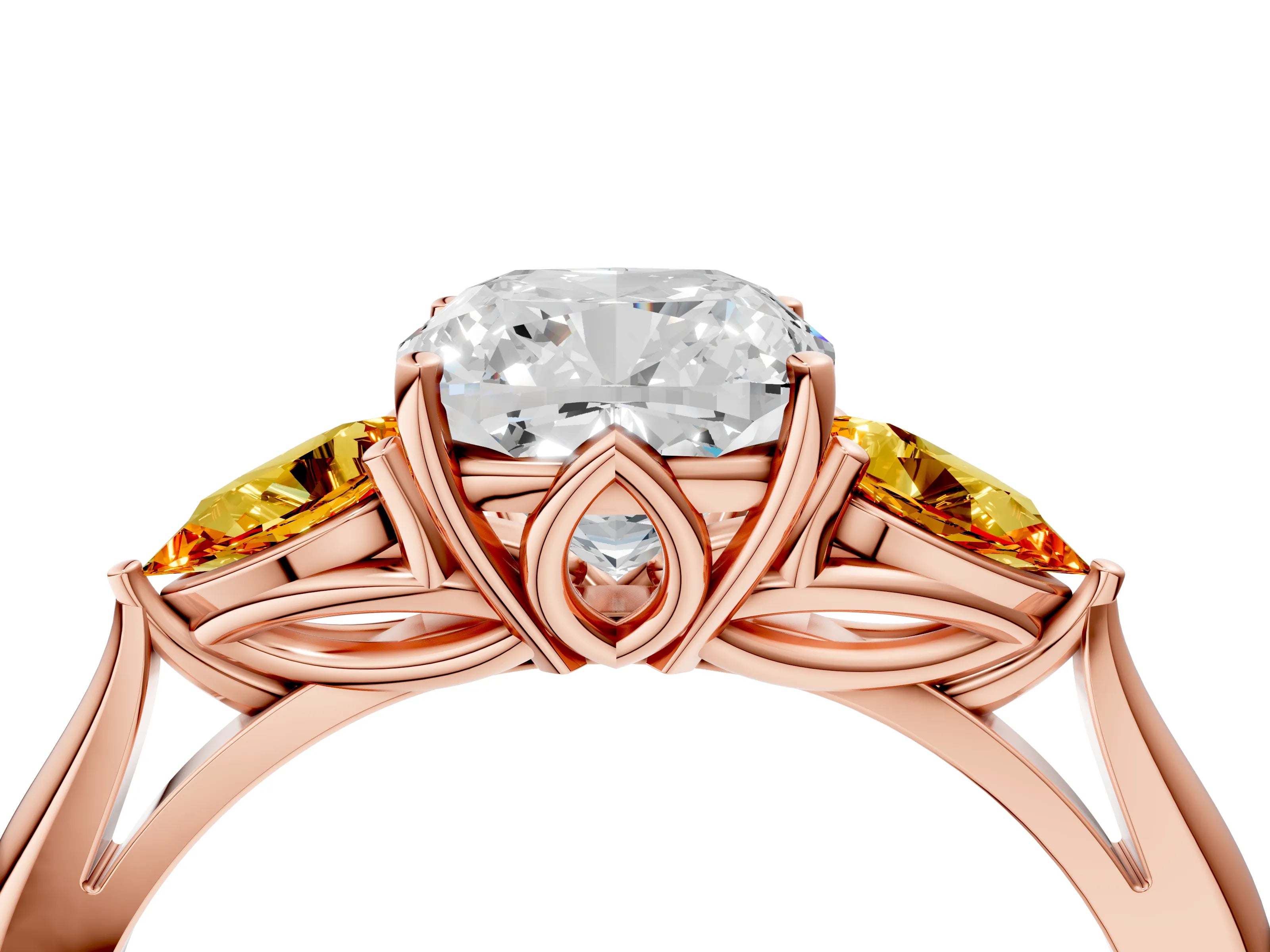 Rose gold Cushion Cut Diamond Three-Stone Ring with Pear with Citrine side stone Side Stones and Prong Setting_4