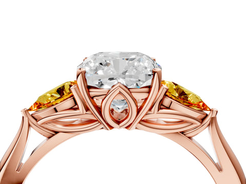 Rose gold Cushion Cut Diamond Three-Stone Ring with Pear with Citrine side stone Side Stones and Prong Setting_4