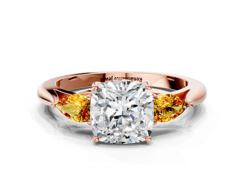 Rose gold Cushion Cut Diamond Three-Stone Ring with Pear with Citrine side stone Side Stones and Prong Setting