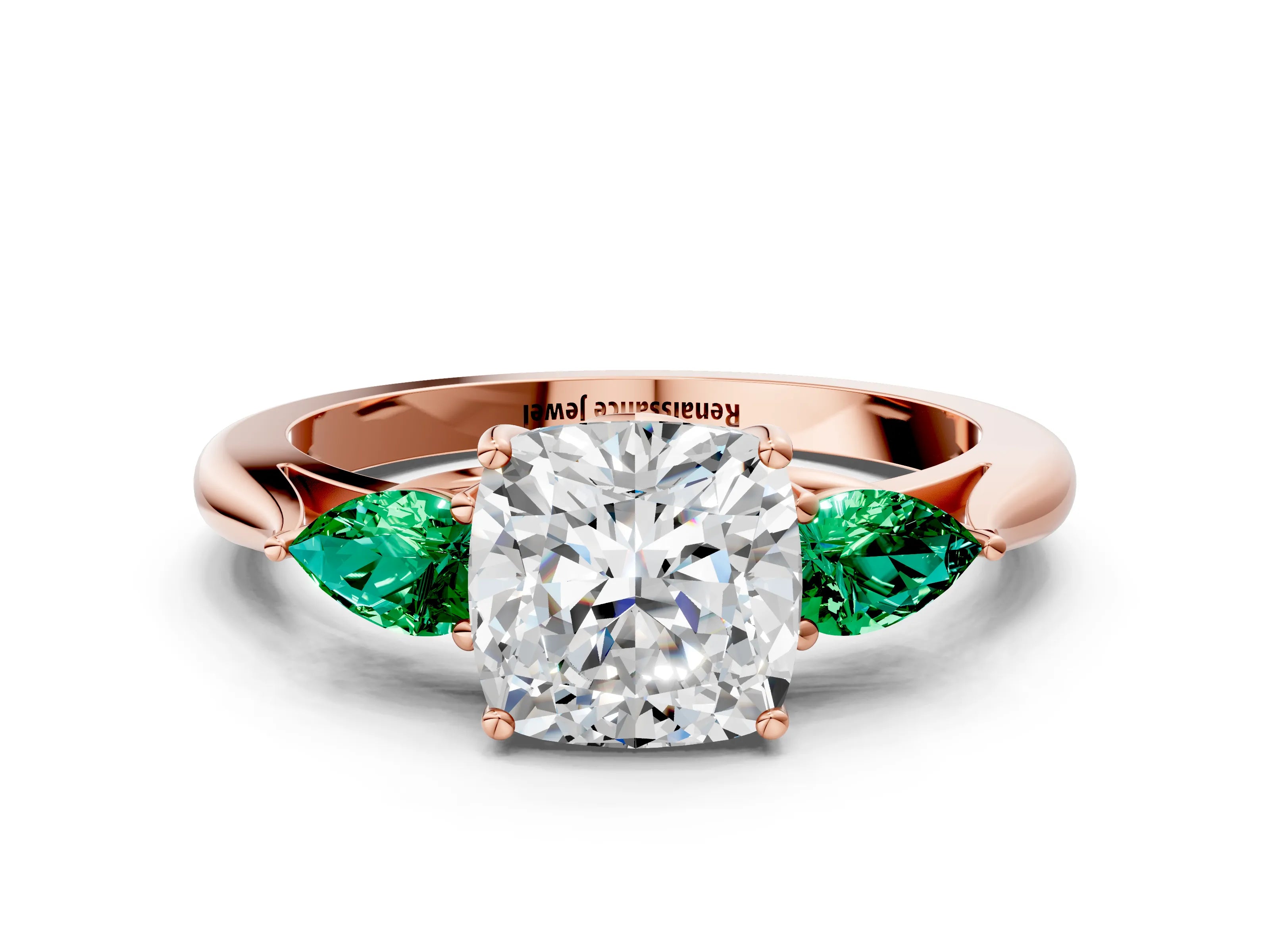 Rose gold Cushion Cut Diamond Three-Stone Ring with Pear with Emerald side stone Side Stones and Prong Setting