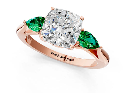 Rose gold Cushion Cut Diamond Three-Stone Ring with Pear with Emerald side stone Side Stones and Prong Setting_1