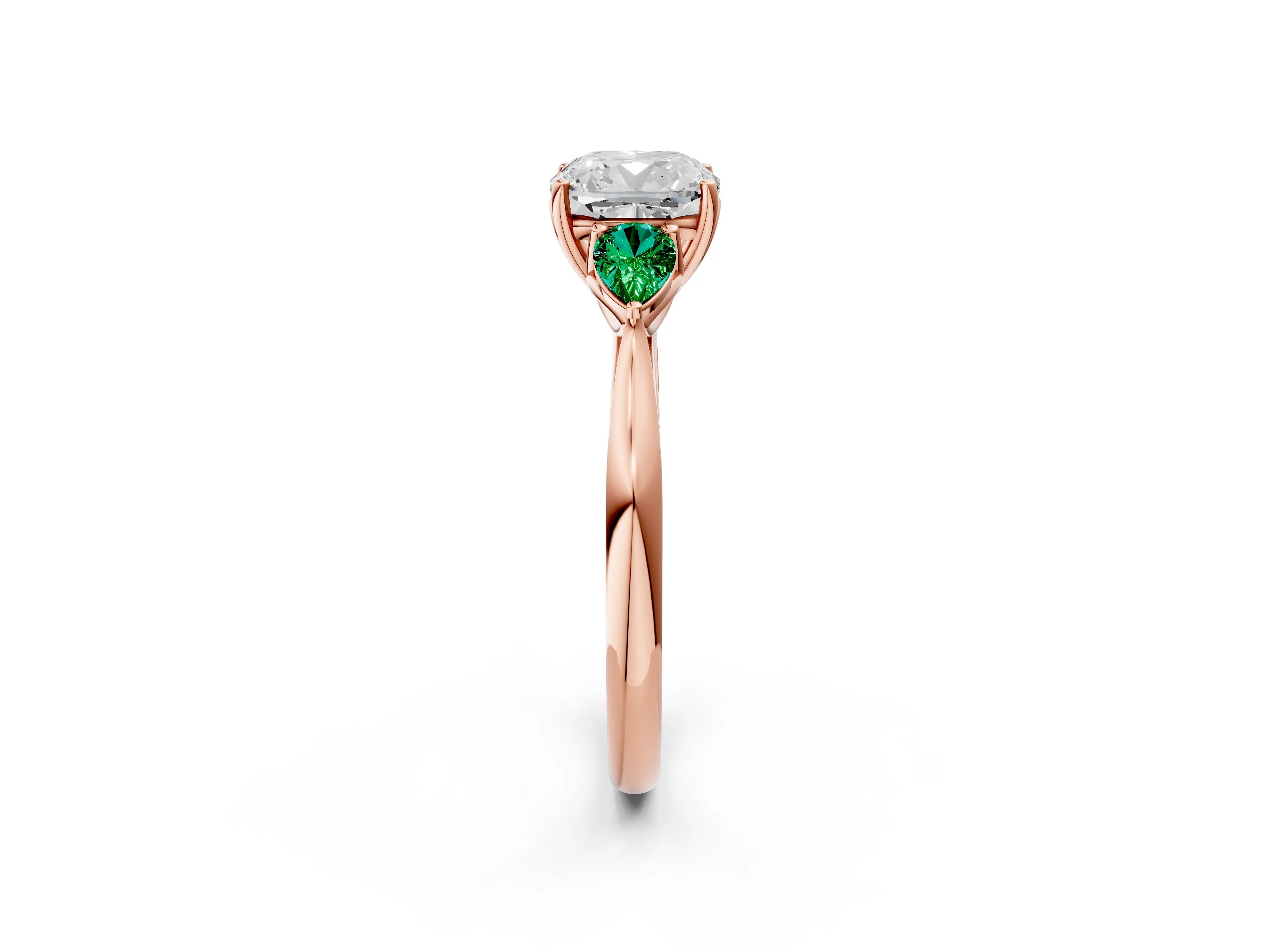Rose gold Cushion Cut Diamond Three-Stone Ring with Pear with Emerald side stone Side Stones and Prong Setting_2