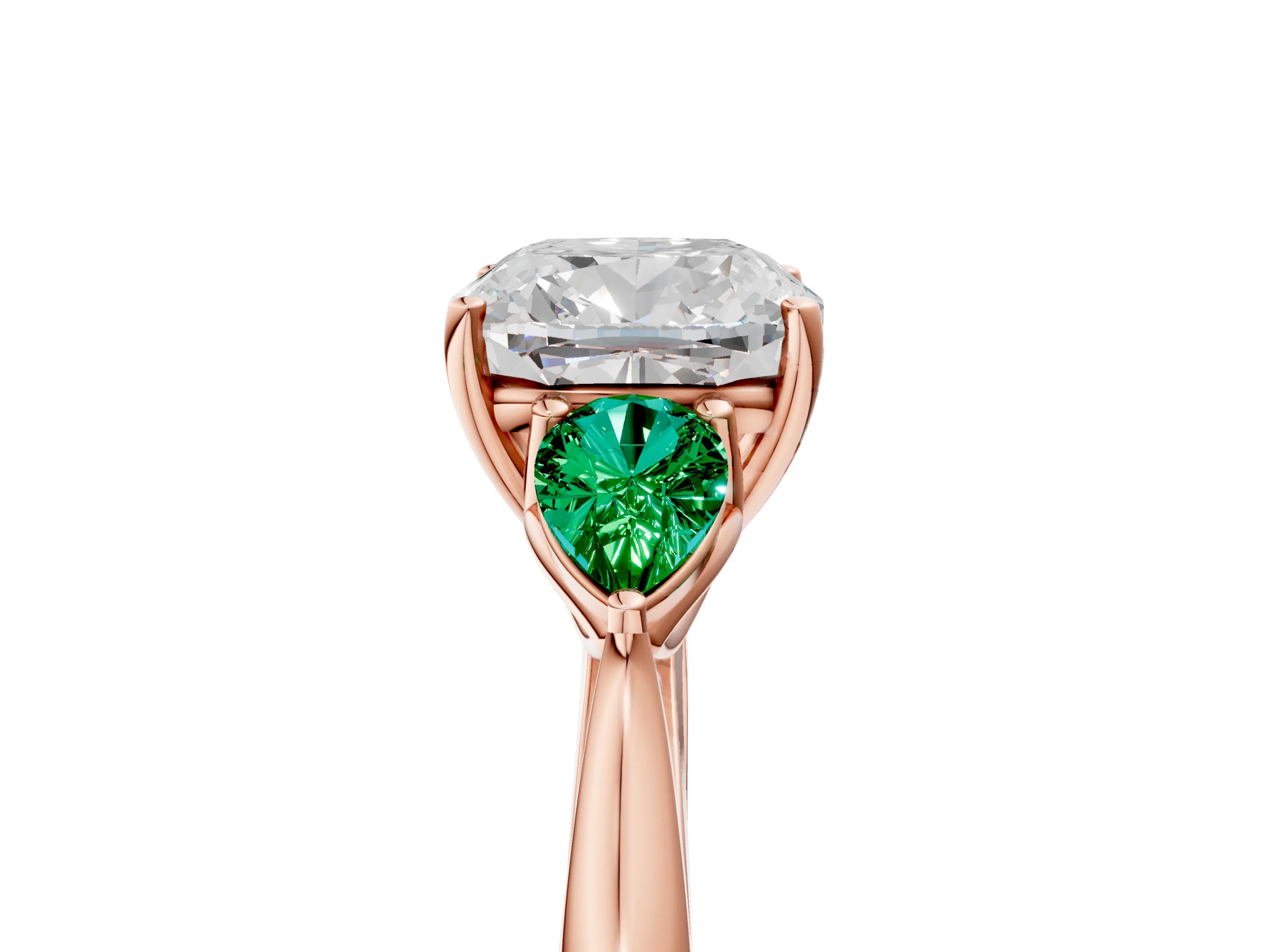 Rose gold Cushion Cut Diamond Three-Stone Ring with Pear with Emerald side stone Side Stones and Prong Setting_5