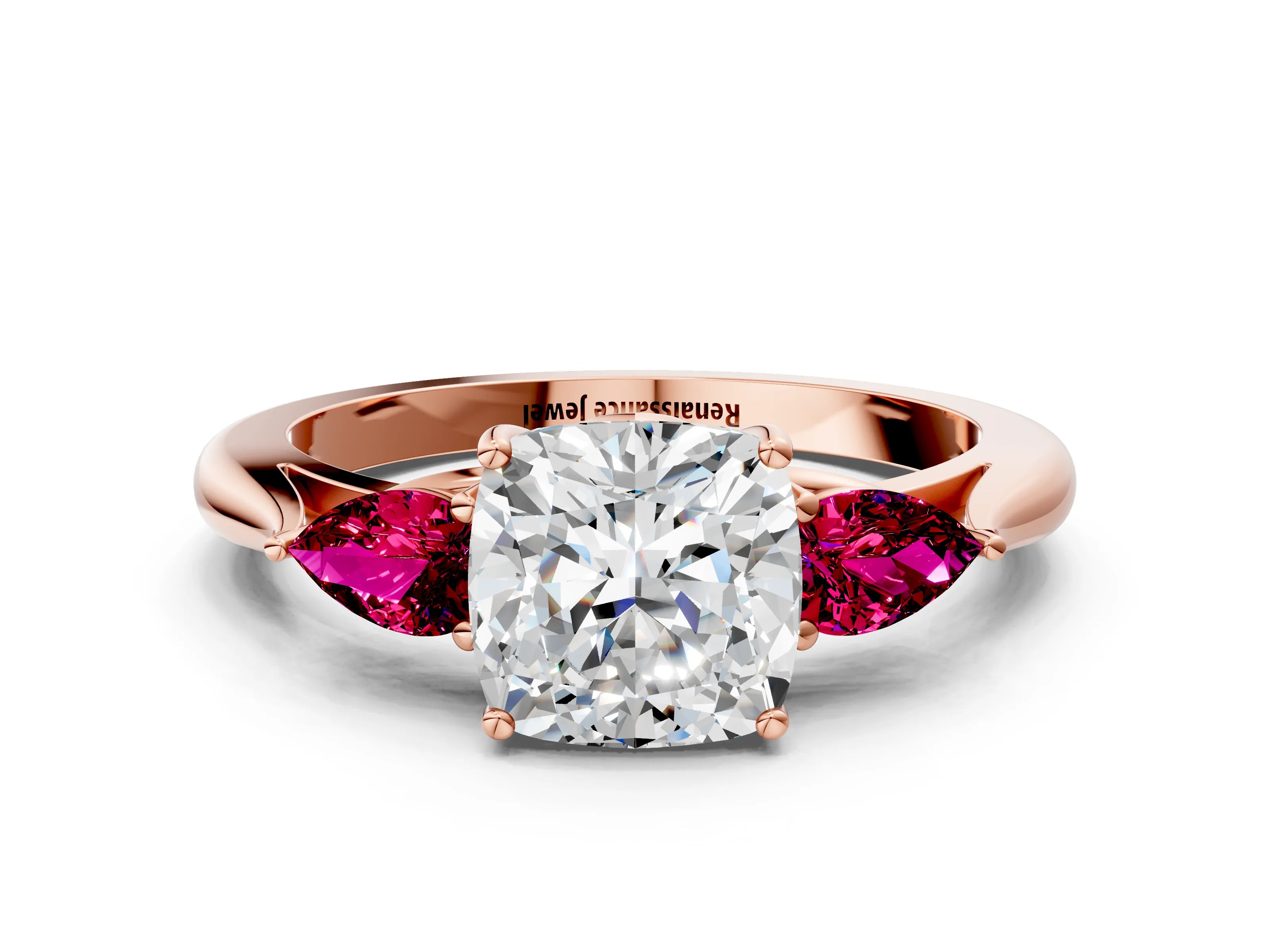 Rose gold Cushion Cut Diamond Three-Stone Ring with Pear with Garnet side stone Side Stones and Prong Setting