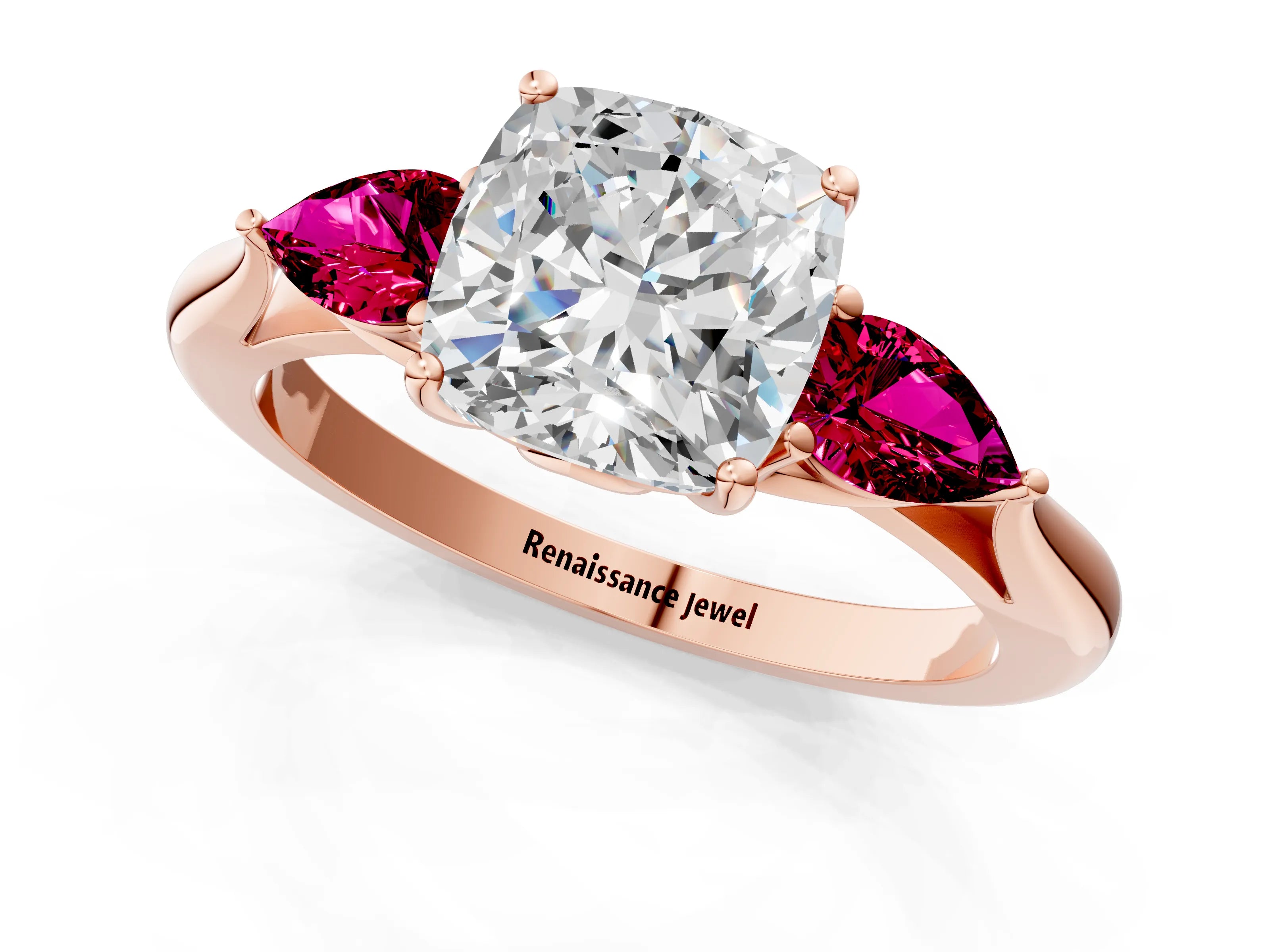 Rose gold Cushion Cut Diamond Three-Stone Ring with Pear with Garnet side stone Side Stones and Prong Setting_1