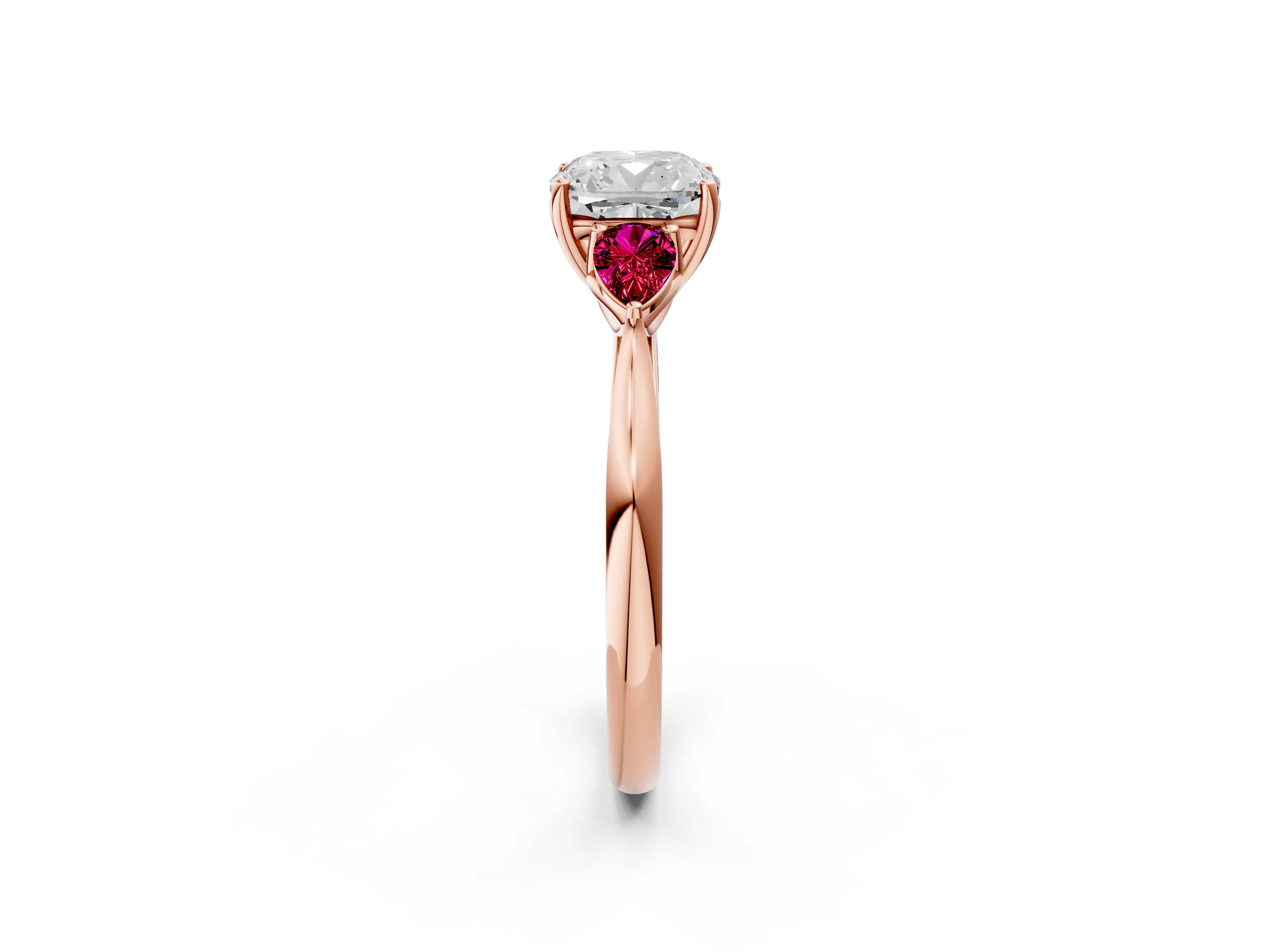 Rose gold Cushion Cut Diamond Three-Stone Ring with Pear with Garnet side stone Side Stones and Prong Setting_2
