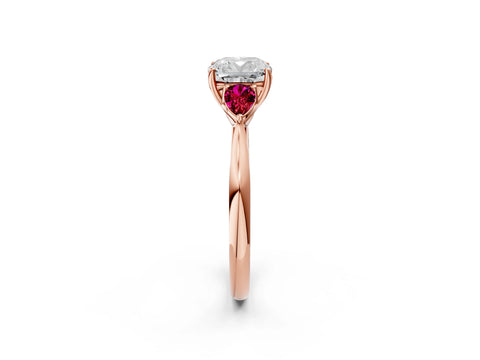 Rose gold Cushion Cut Diamond Three-Stone Ring with Pear with Garnet side stone Side Stones and Prong Setting_2