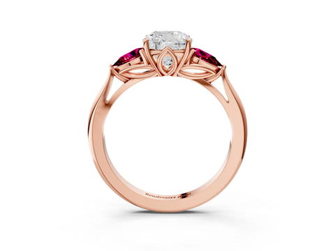 Rose gold Cushion Cut Diamond Three-Stone Ring with Pear with Garnet side stone Side Stones and Prong Setting_3