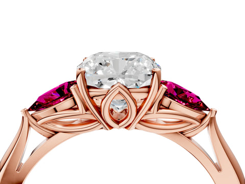Rose gold Cushion Cut Diamond Three-Stone Ring with Pear with Garnet side stone Side Stones and Prong Setting_4