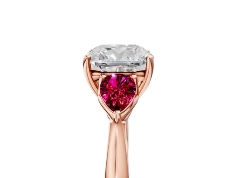 Rose gold Cushion Cut Diamond Three-Stone Ring with Pear with Garnet side stone Side Stones and Prong Setting_5