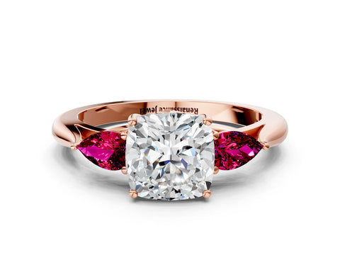 Rose gold Cushion Cut Diamond Three-Stone Ring with Pear with Garnet side stone Side Stones and Prong Setting