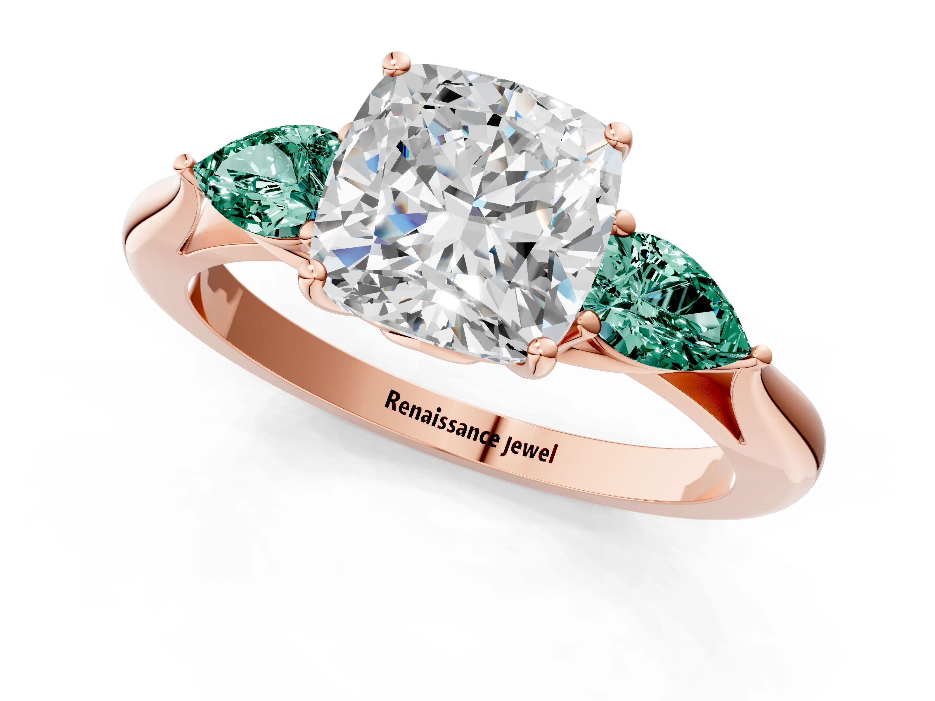 Rose gold Cushion Cut Diamond Three-Stone Ring with Pear with Green Sapphire side stone Side Stones and Prong Setting_1