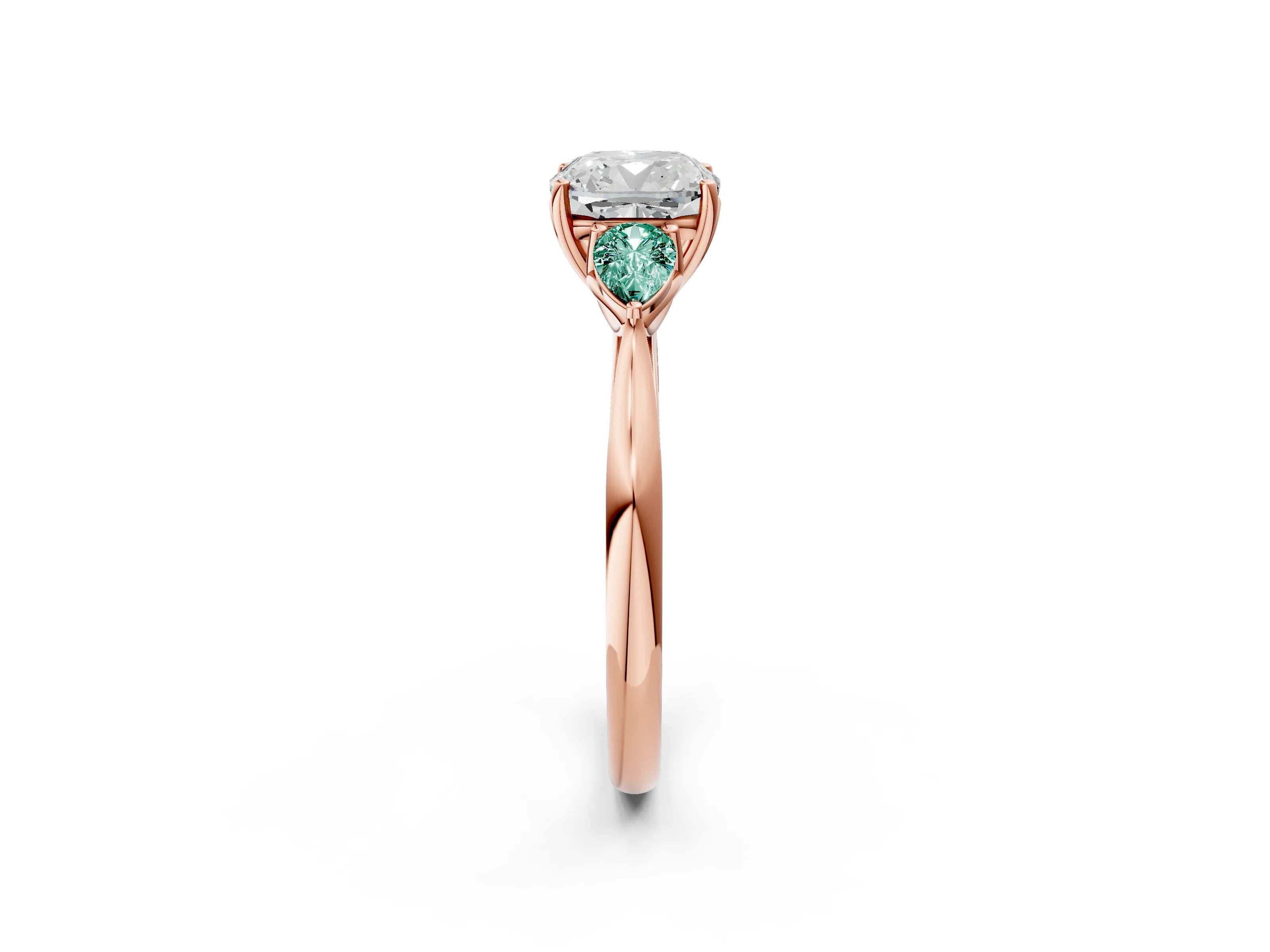 Rose gold Cushion Cut Diamond Three-Stone Ring with Pear with Green Sapphire side stone Side Stones and Prong Setting_2