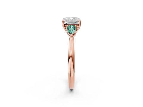 Rose gold Cushion Cut Diamond Three-Stone Ring with Pear with Green Sapphire side stone Side Stones and Prong Setting_2