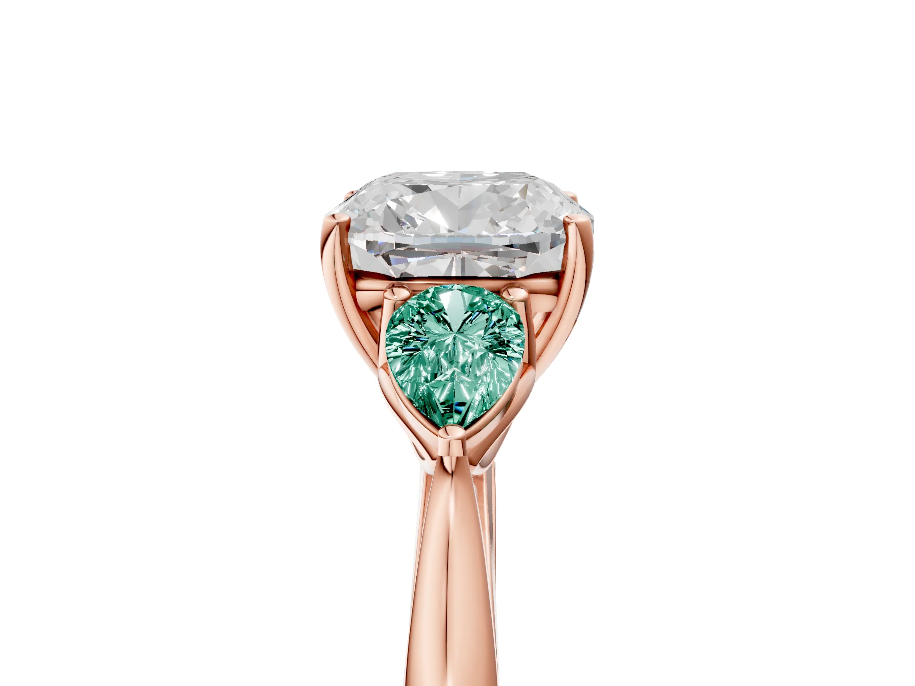 Rose gold Cushion Cut Diamond Three-Stone Ring with Pear with Green Sapphire side stone Side Stones and Prong Setting_5