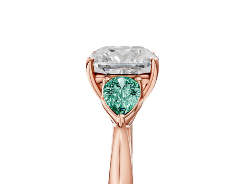Rose gold Cushion Cut Diamond Three-Stone Ring with Pear with Green Sapphire side stone Side Stones and Prong Setting_5