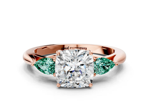 Rose gold Cushion Cut Diamond Three-Stone Ring with Pear with Green Sapphire side stone Side Stones and Prong Setting