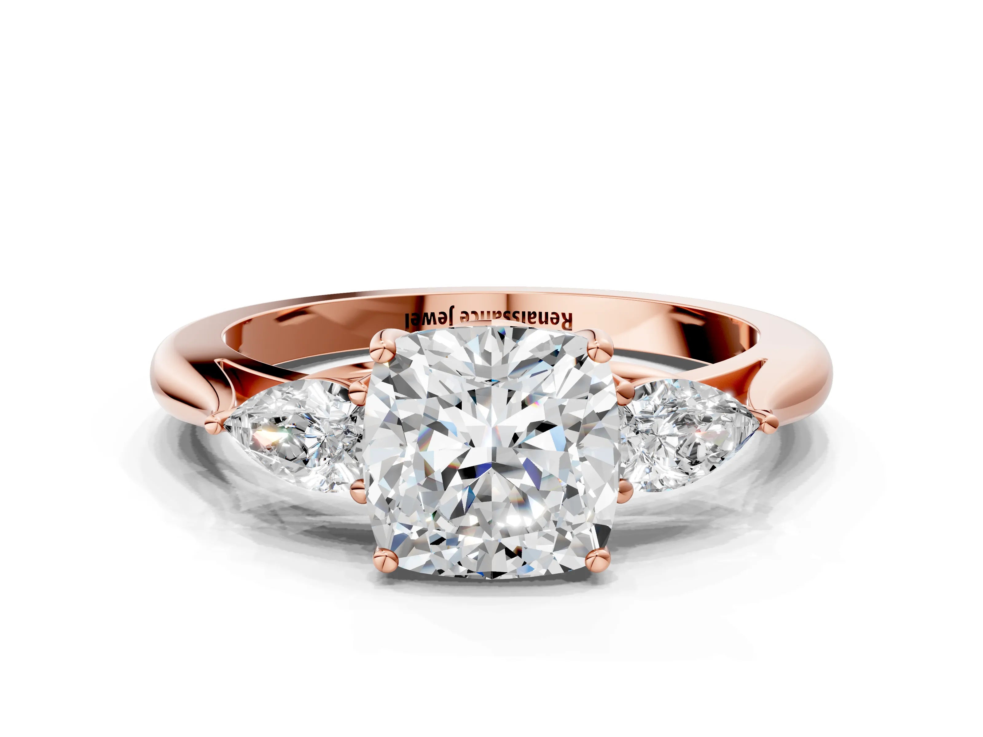 Rose gold Cushion Cut Diamond Three-Stone Ring with Pear with Moissanite side stone Side Stones and Prong Setting