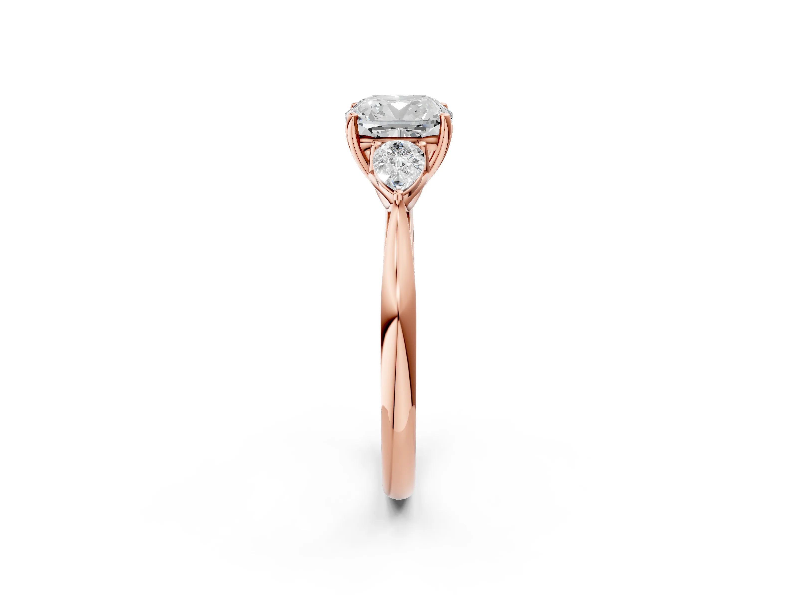 Rose gold Cushion Cut Diamond Three-Stone Ring with Pear with Moissanite side stone Side Stones and Prong Setting_2