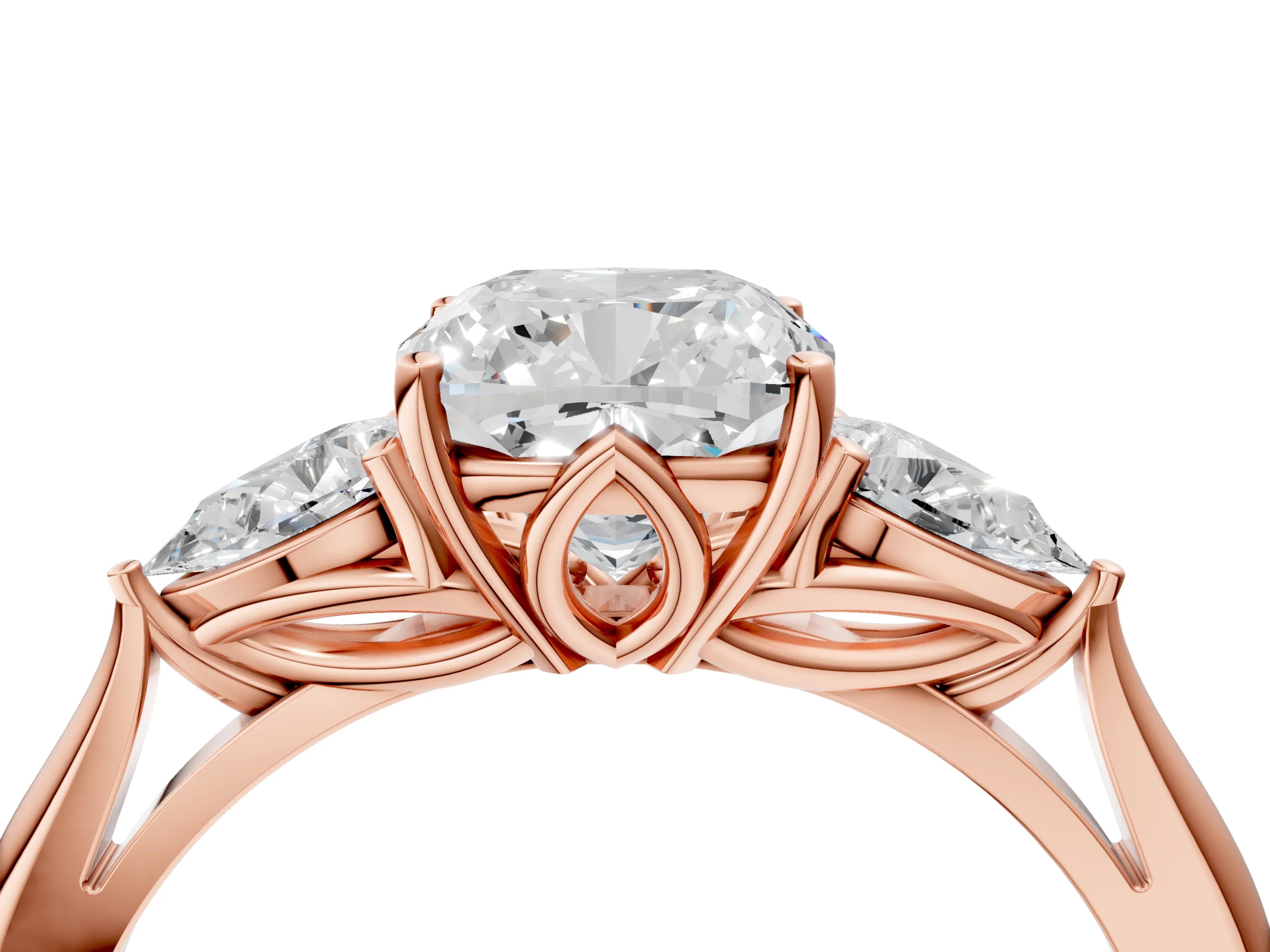 Rose gold Cushion Cut Diamond Three-Stone Ring with Pear with Moissanite side stone Side Stones and Prong Setting_4