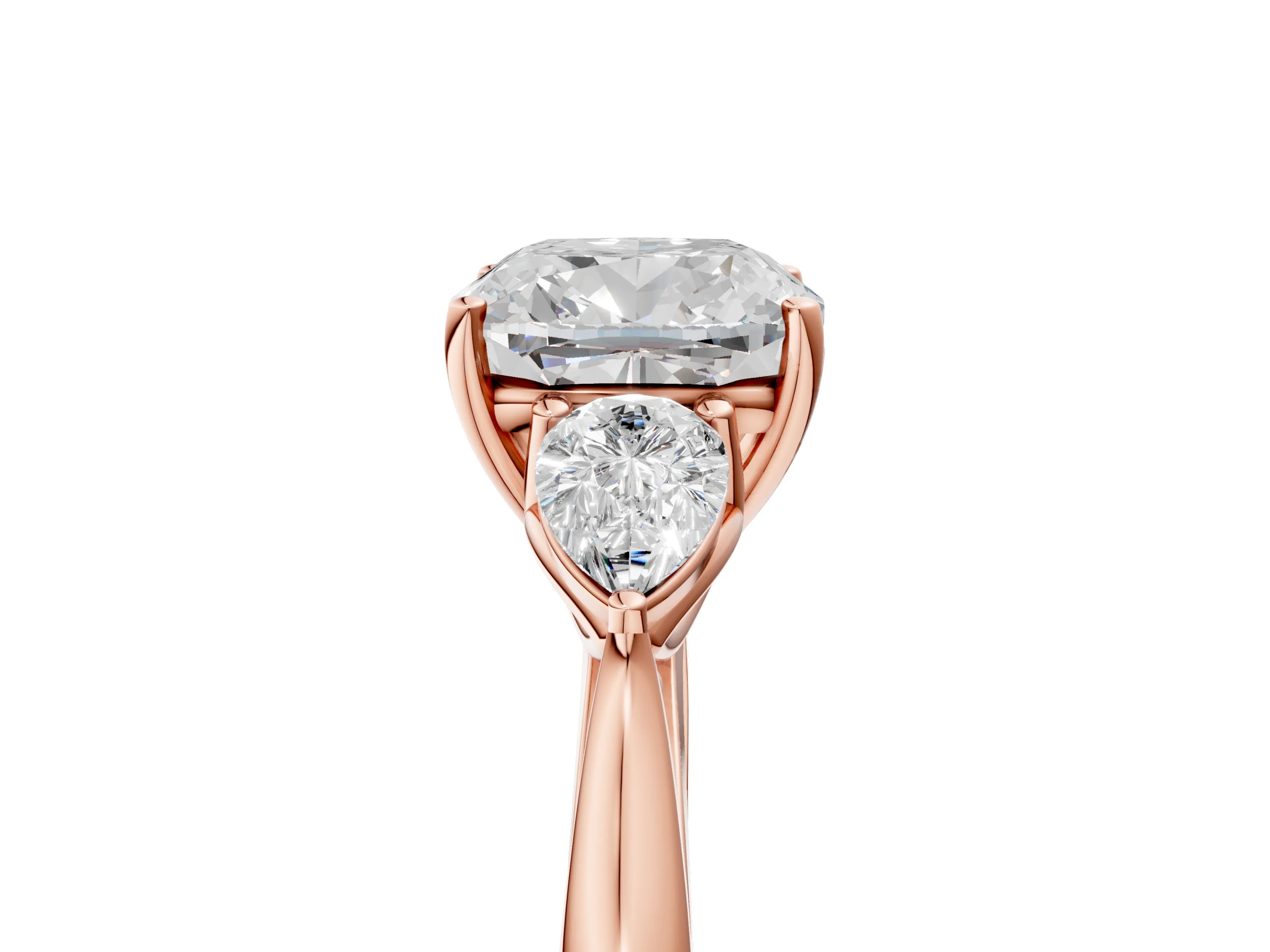 Rose gold Cushion Cut Diamond Three-Stone Ring with Pear with Moissanite side stone Side Stones and Prong Setting_5