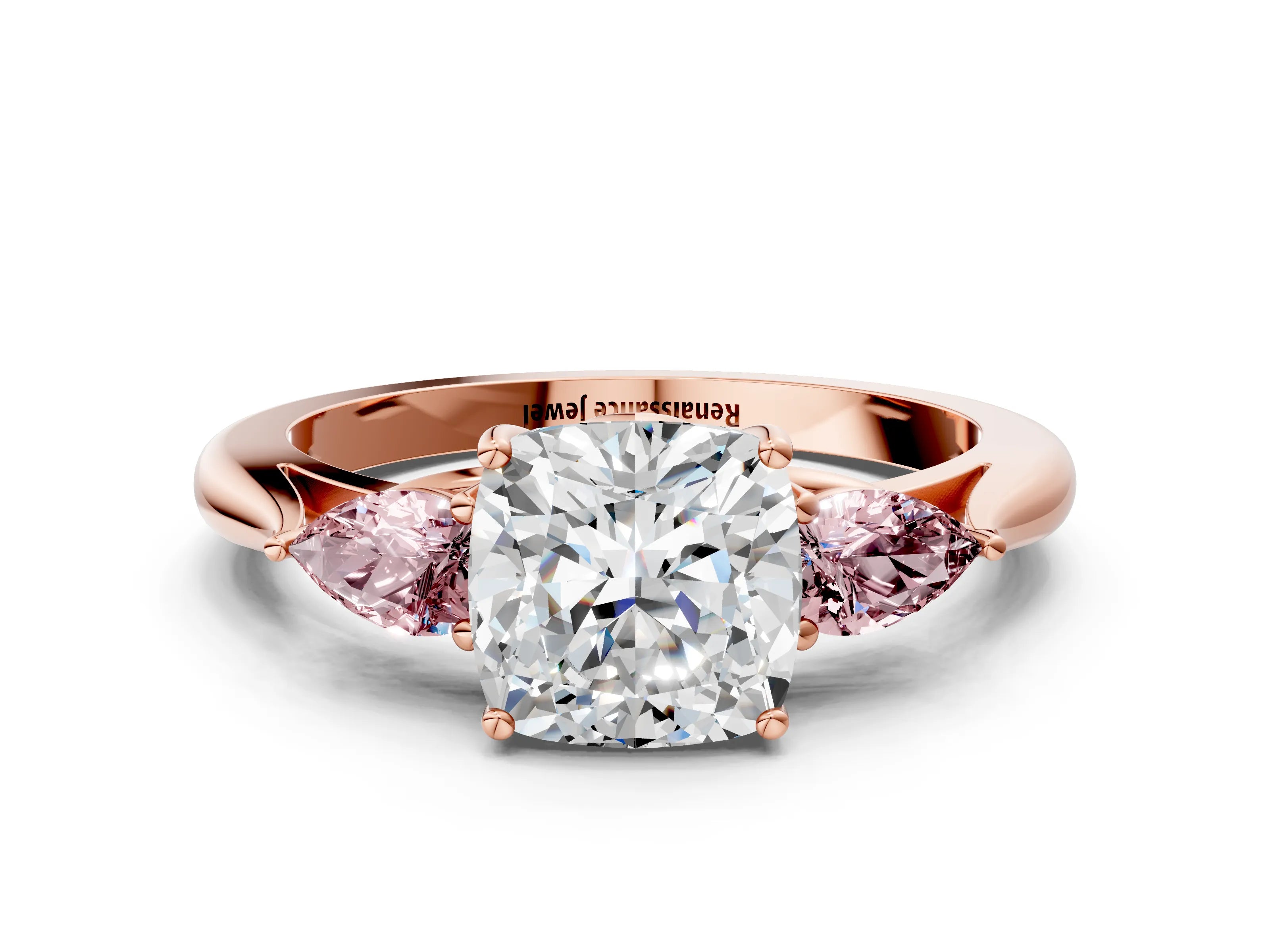 Rose gold Cushion Cut Diamond Three-Stone Ring with Pear with Morganite side stone Side Stones and Prong Setting