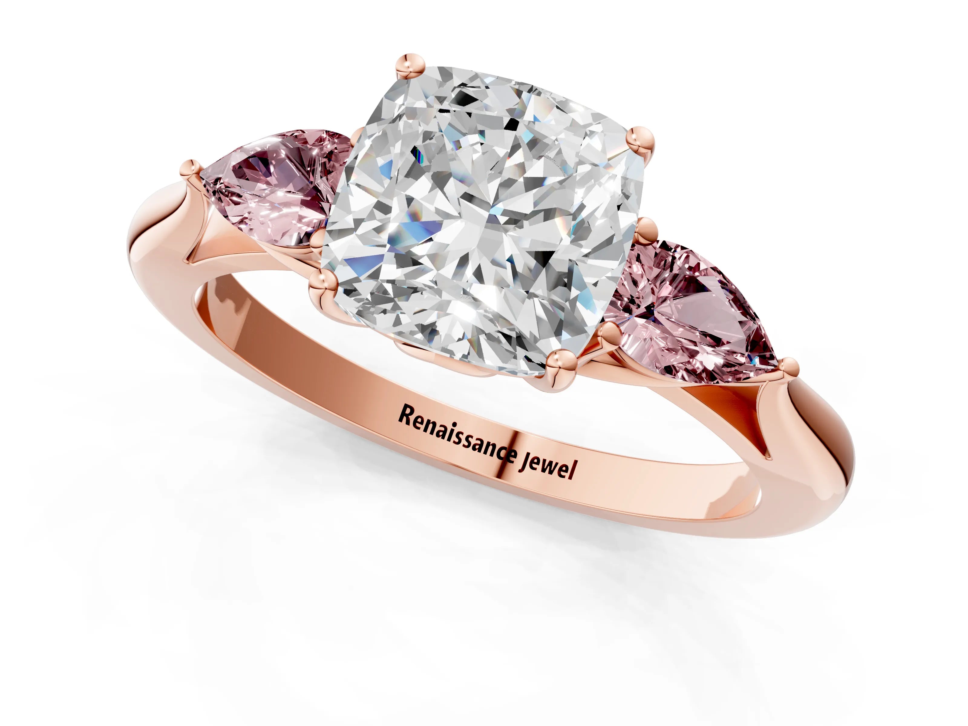 Rose gold Cushion Cut Diamond Three-Stone Ring with Pear with Morganite side stone Side Stones and Prong Setting_1