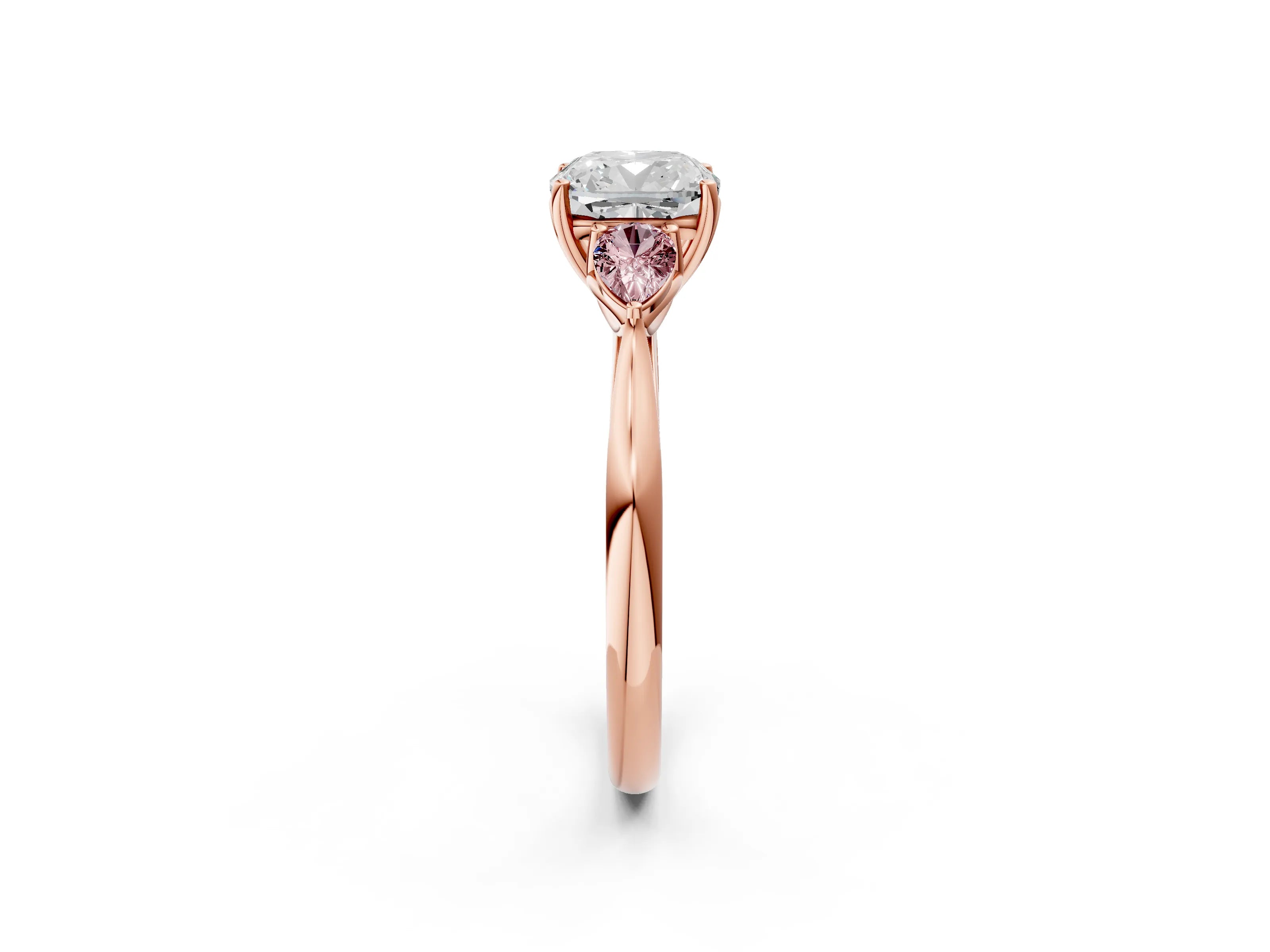 Rose gold Cushion Cut Diamond Three-Stone Ring with Pear with Morganite side stone Side Stones and Prong Setting_2